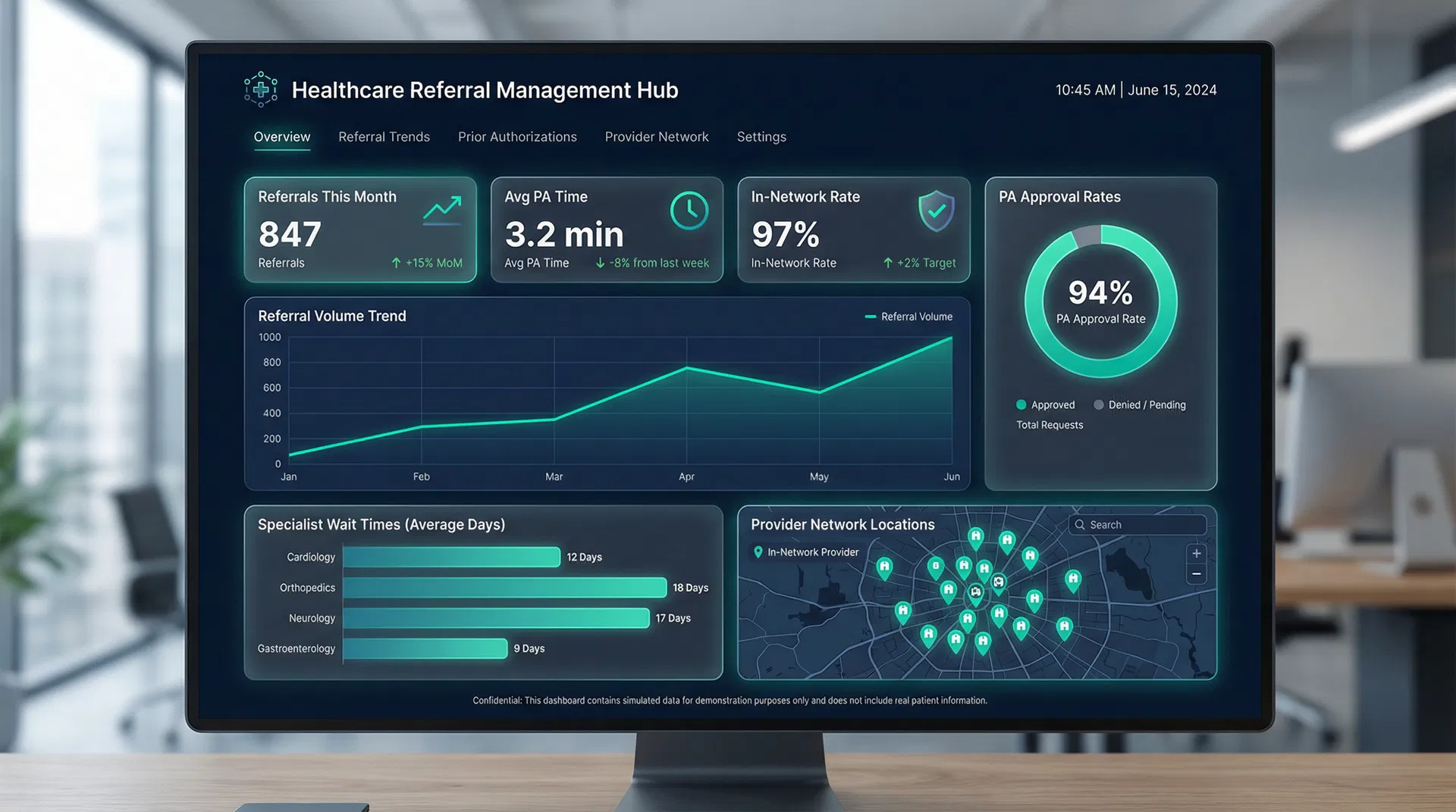 Wingman Health analytics dashboard showing referral volume, PA approval rates, and provider network