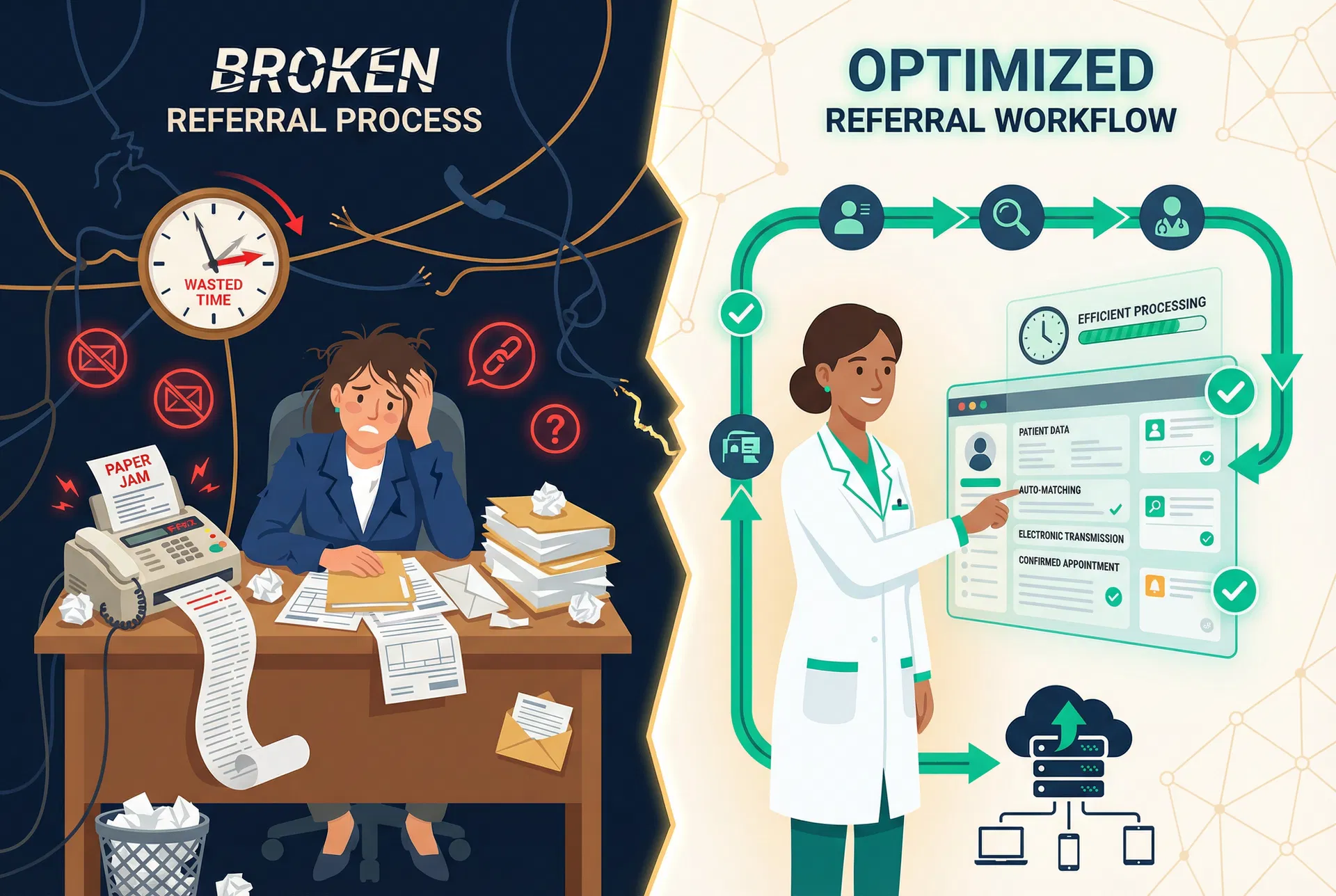 Broken referral process vs optimized workflow comparison