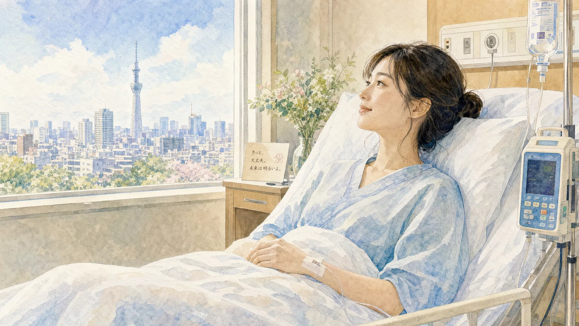 病院のベッドから景色を眺める30代女性