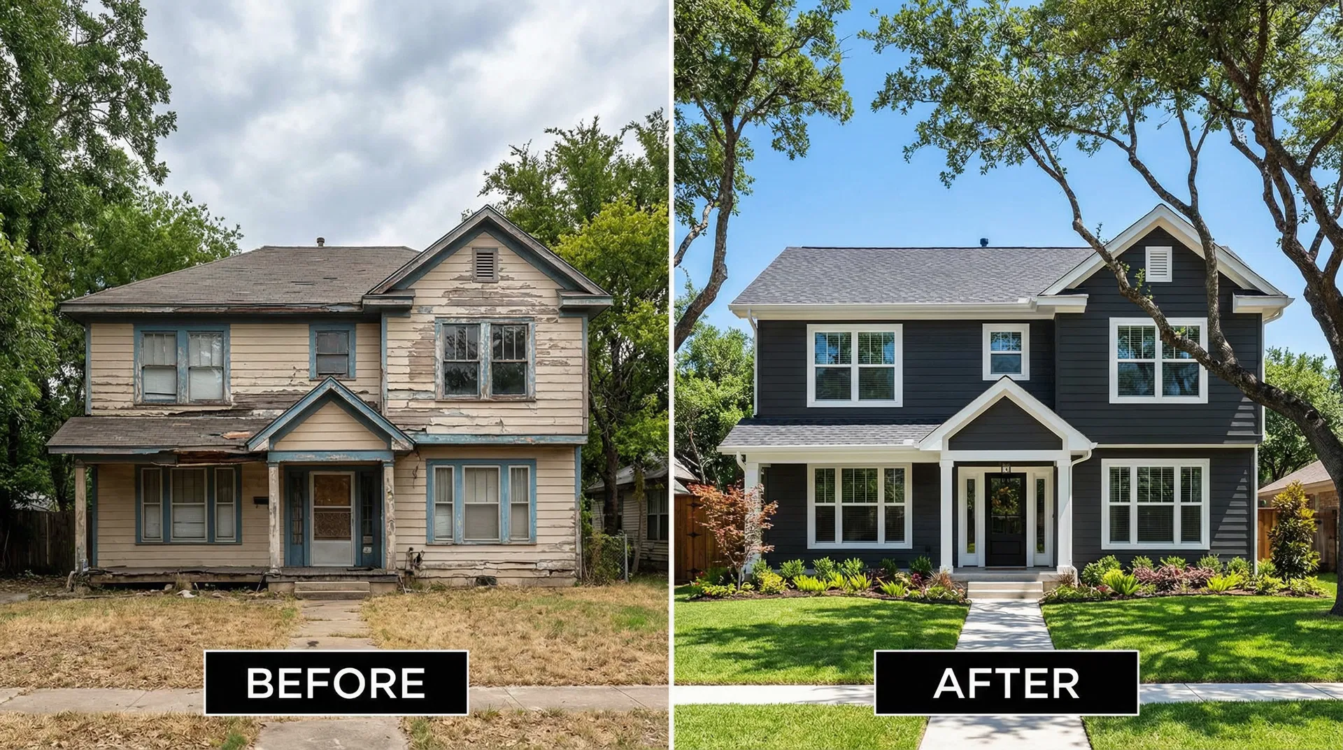 Before and after exterior house painting transformation by DV Painting in San Antonio TX