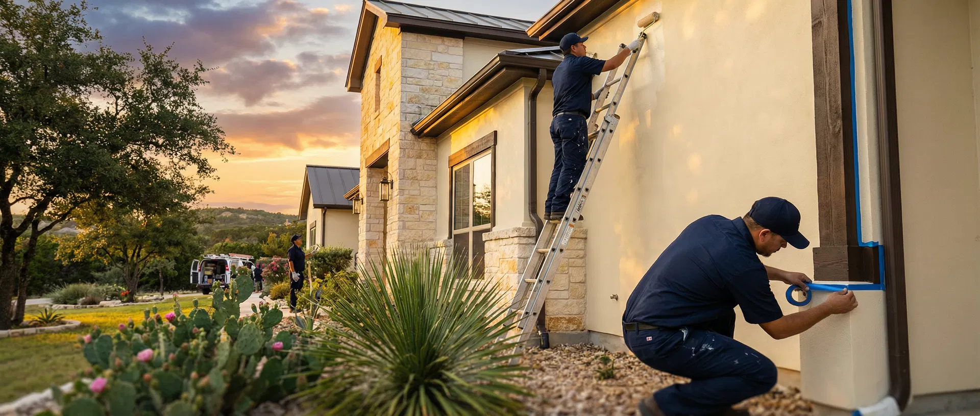 DV Painting professional crew painting a luxury San Antonio home at sunset