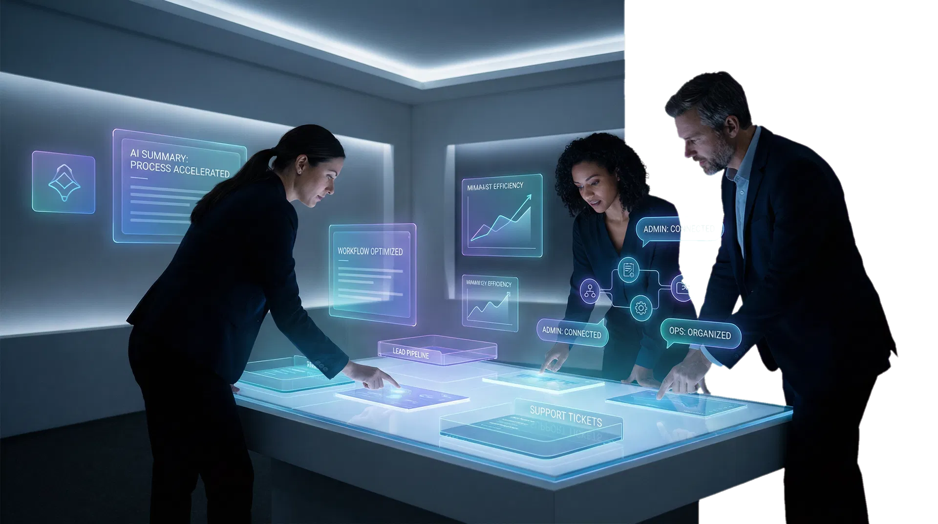 Mesa operativa iluminada que representa integración, flujos y capas de decisión con IA