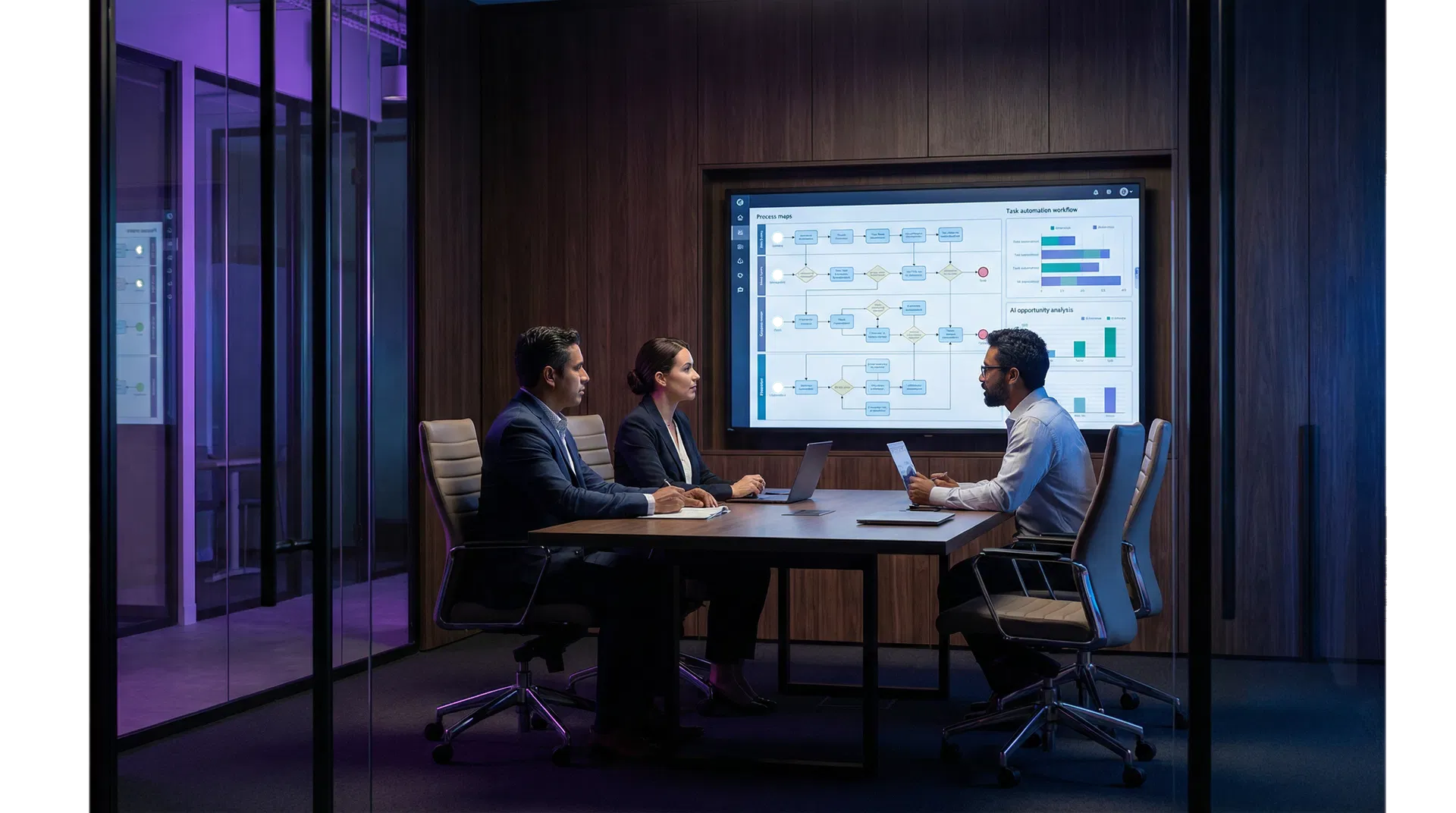 Equipo ejecutivo en sesión de trabajo sobre integración de inteligencia artificial y rediseño operativo