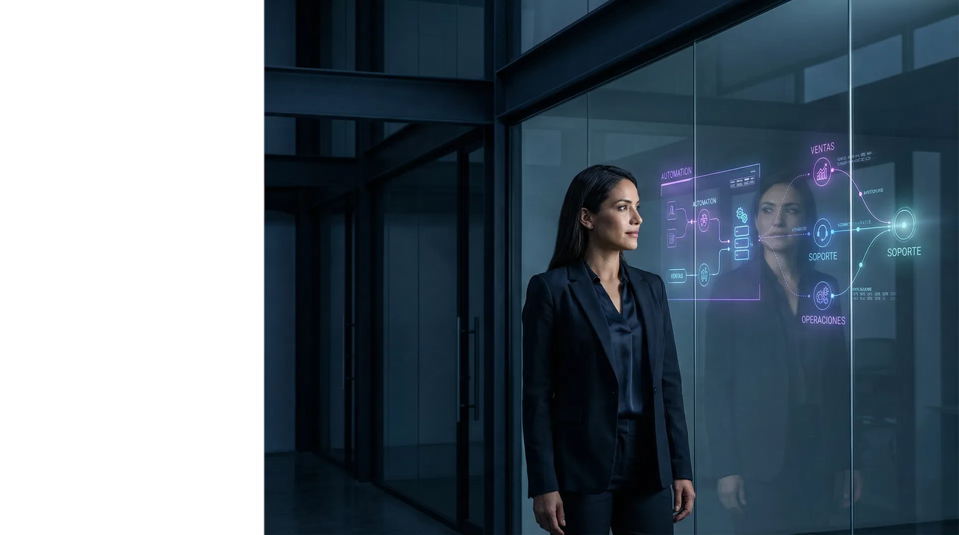 Directiva observando una interfaz avanzada de automatización e IA en un entorno corporativo