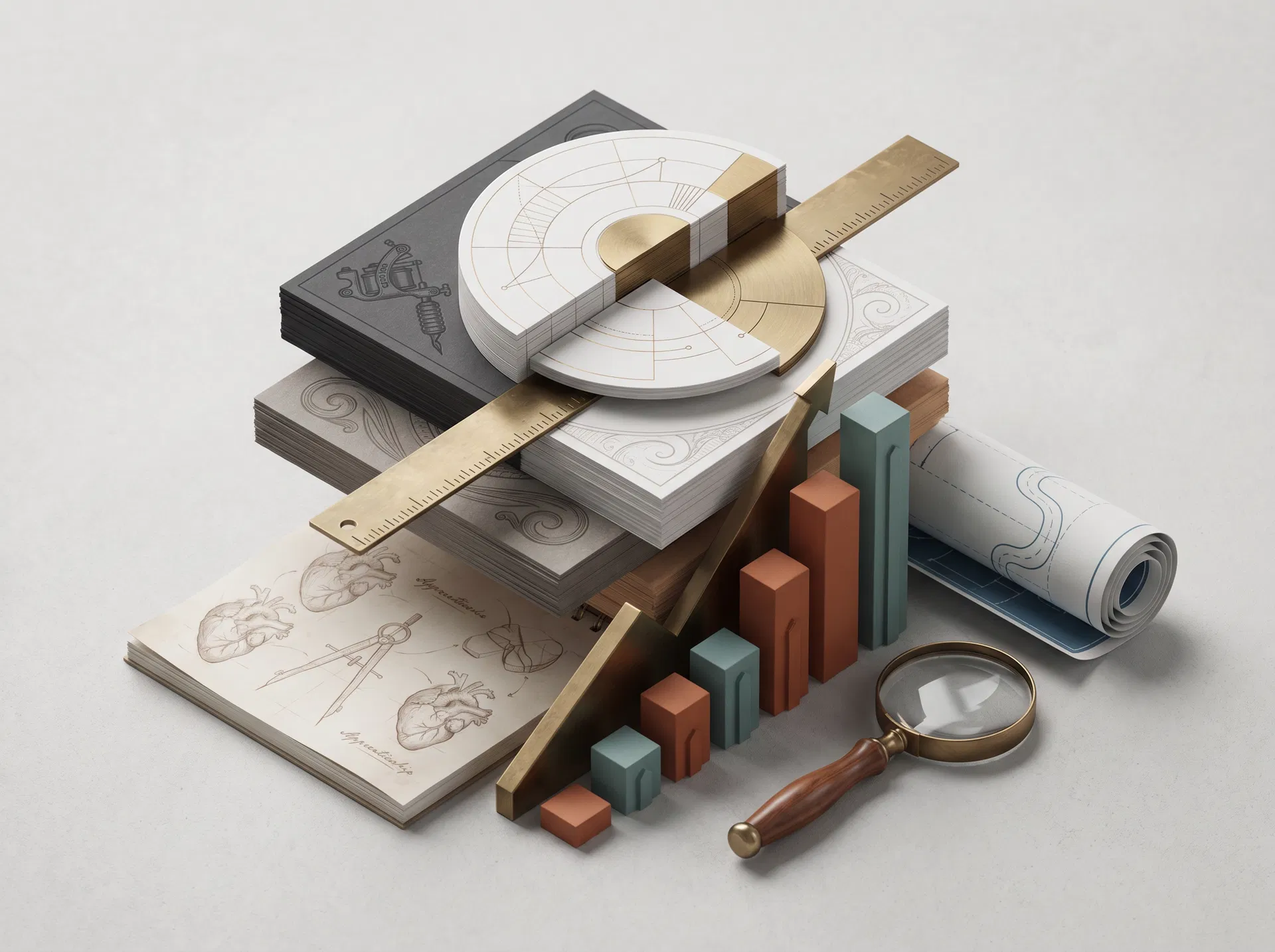 Editorial-style comparison illustration combining chart forms, measurement tools, and apprenticeship research aesthetics