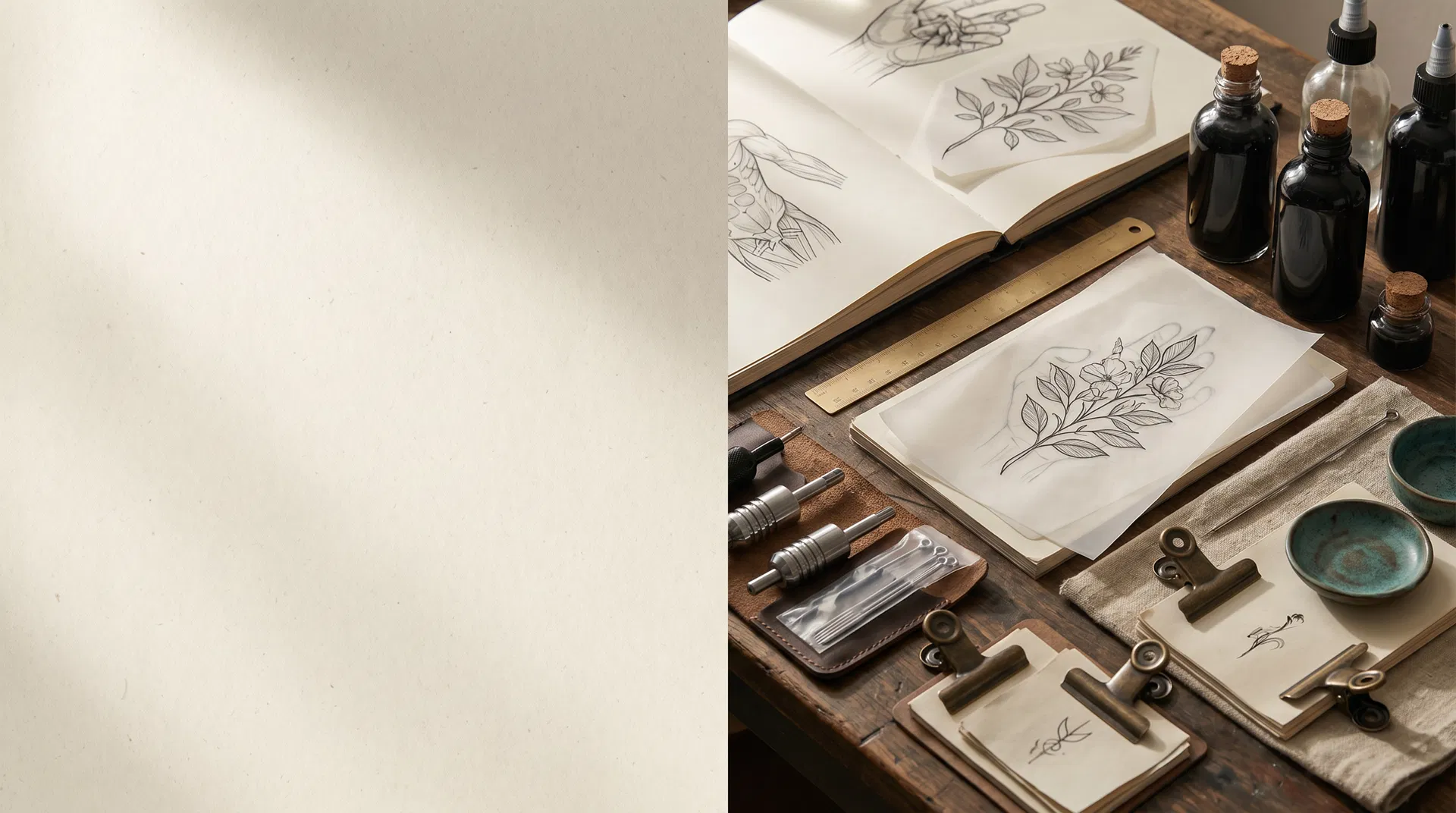Tattoo studio worktable with sketchbook, tools, and premium archive-inspired styling