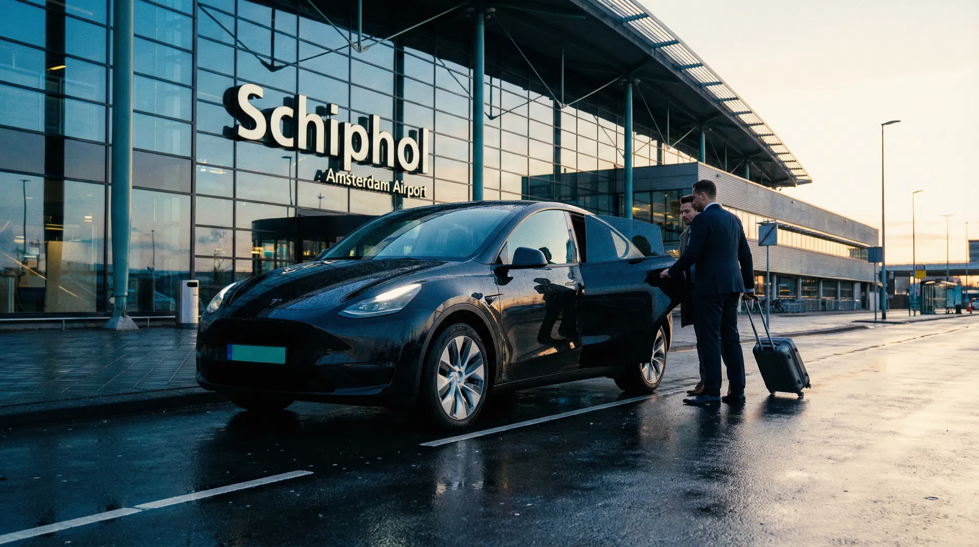 Dantaxi luchthaventaxi Breda naar Schiphol Tesla voertuig vaste prijs