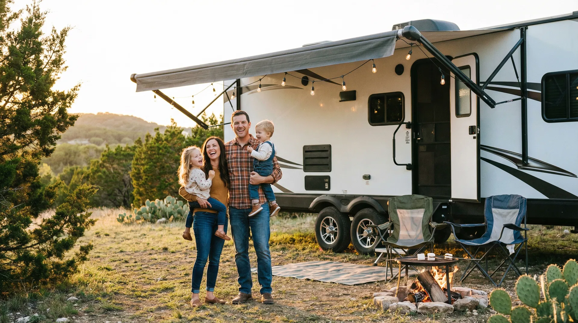 Happy family outside travel trailer RV at Texas Hill Country campsite