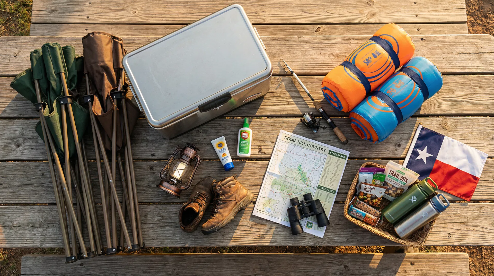RV camping essentials laid out on wooden table for Texas Hill Country trip