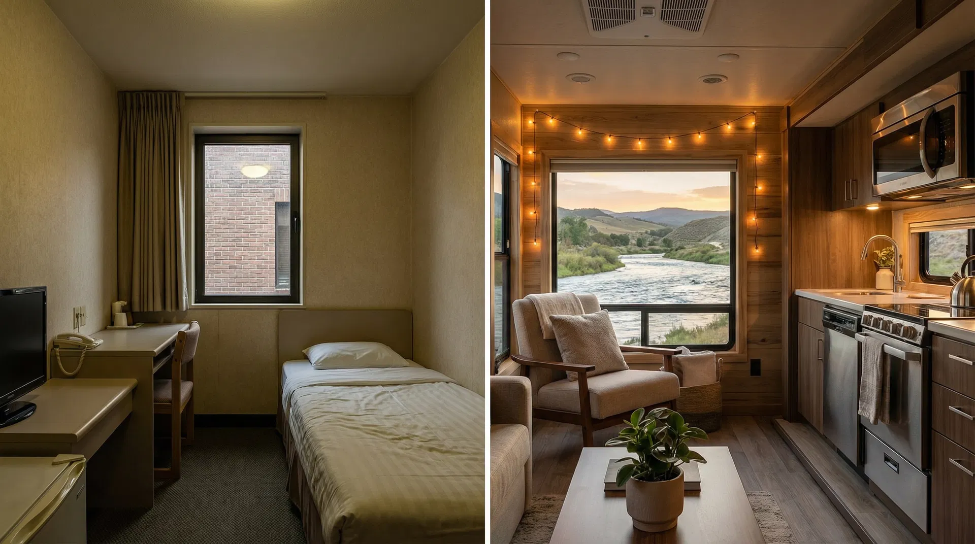 Comparison of cramped hotel room vs spacious RV interior with river view