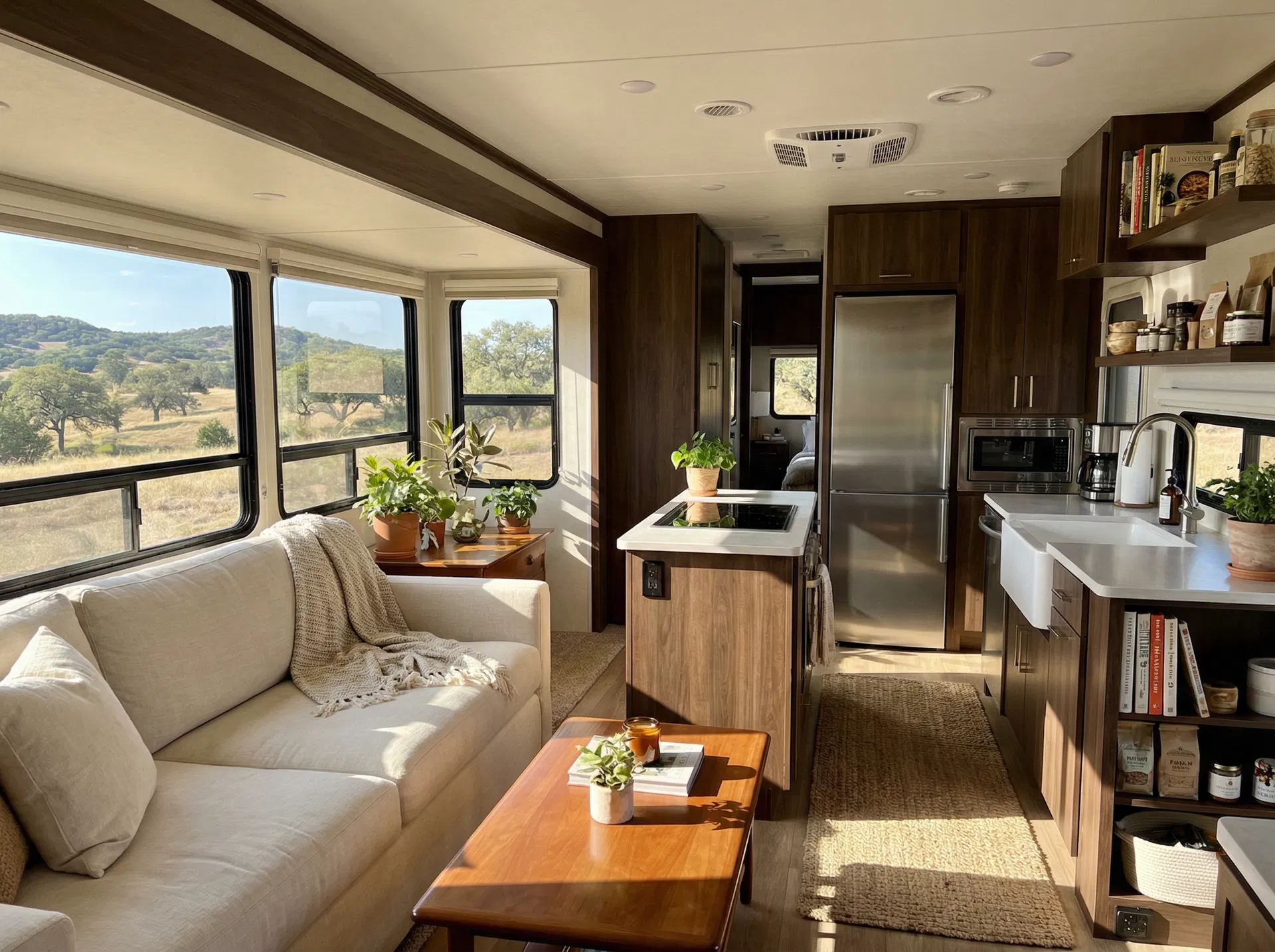 Luxury RV interior with full kitchen and living area