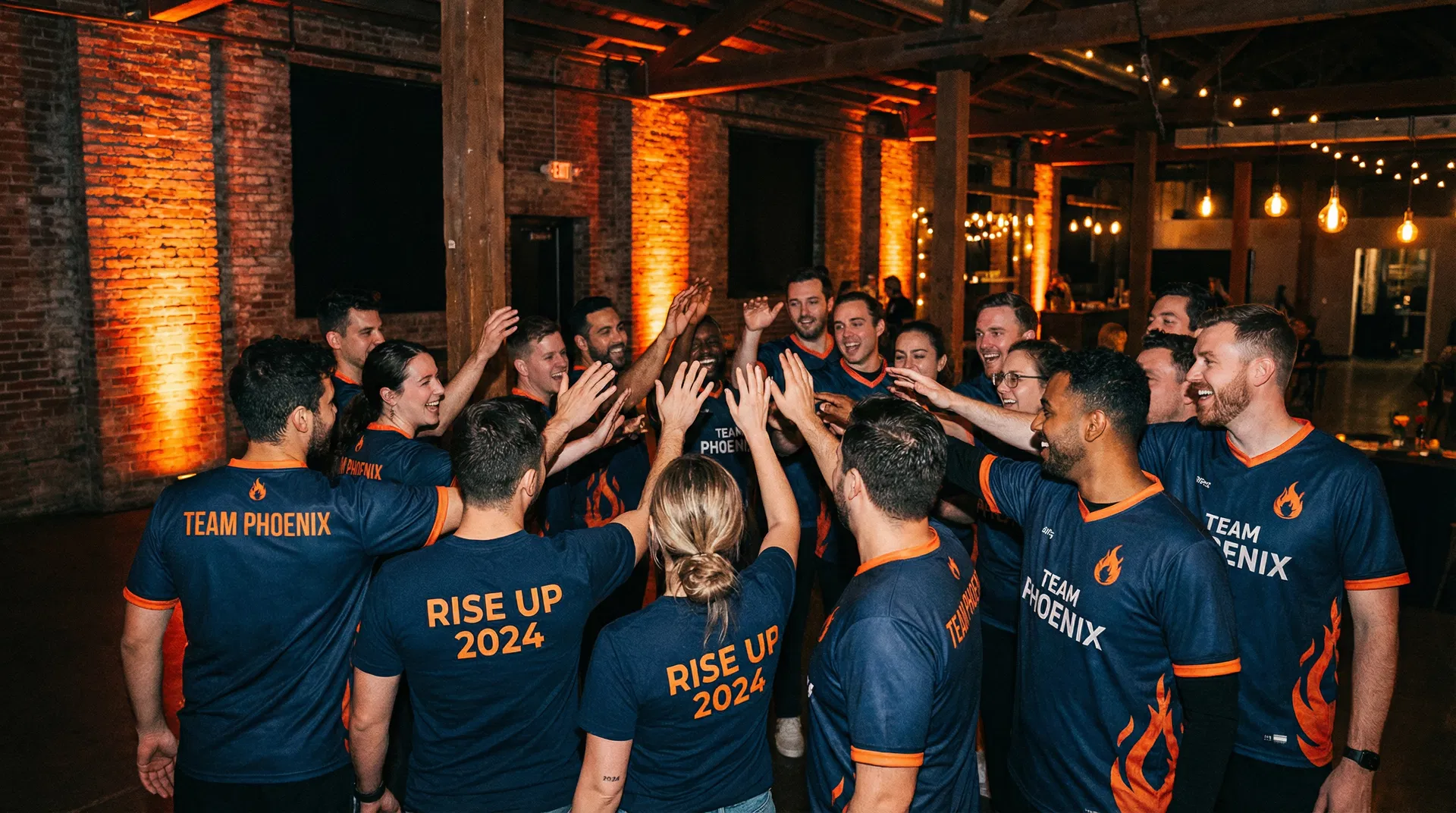 Team members celebrating together wearing matching custom merchandise