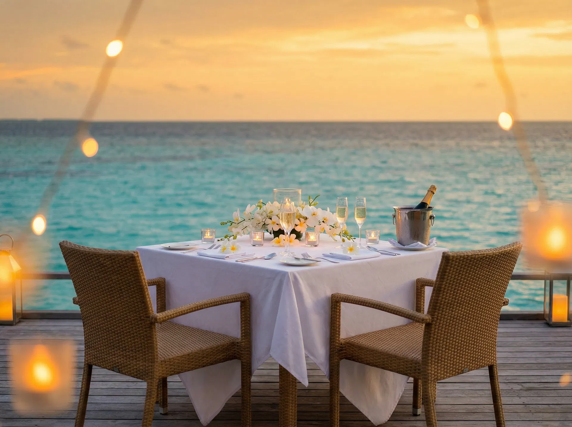 Private romantic dinner at sunset over the ocean