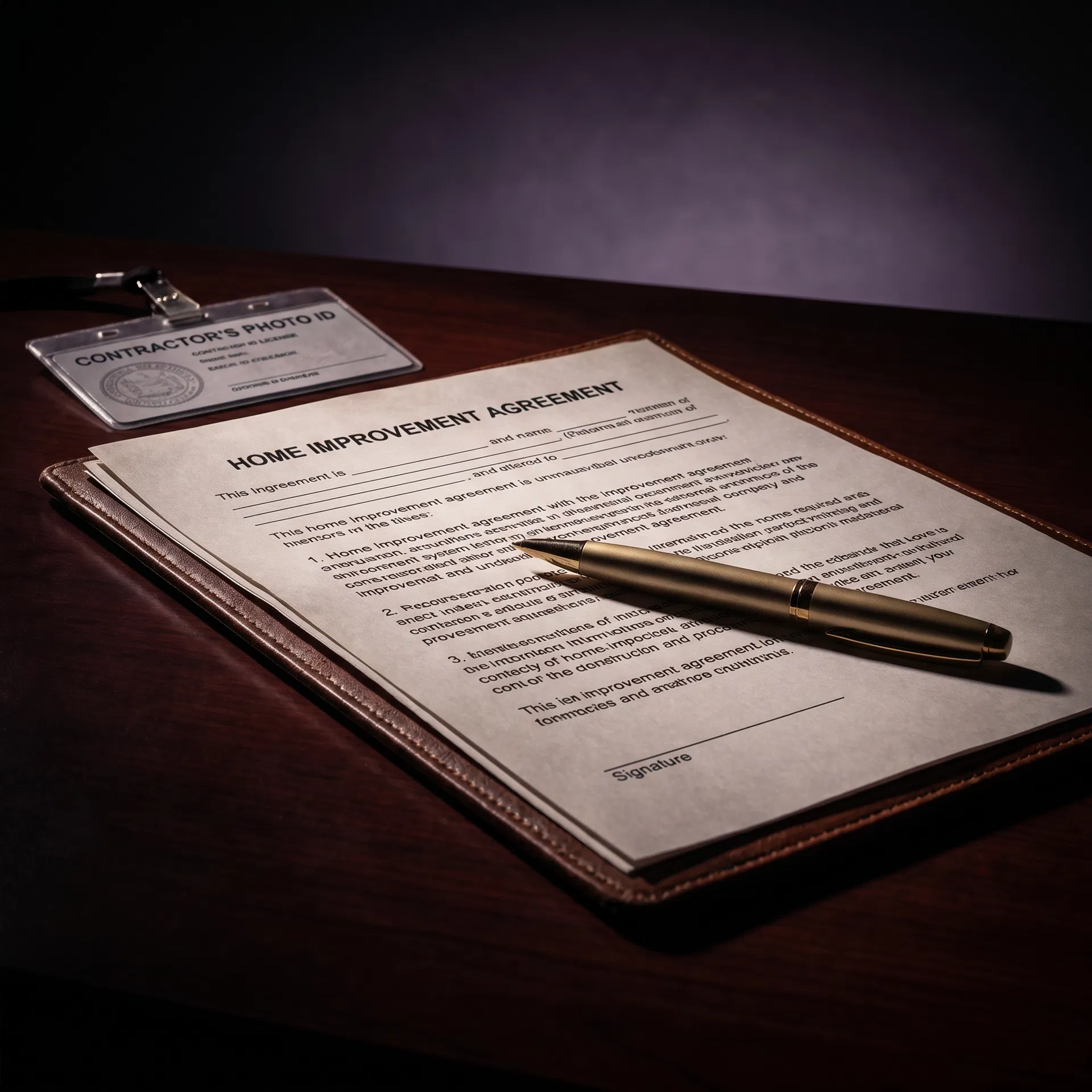 Home Improvement Agreement contract document with gold pen — Bailey Bros Contracting LLC written contracts required by NJ law for all projects over $500