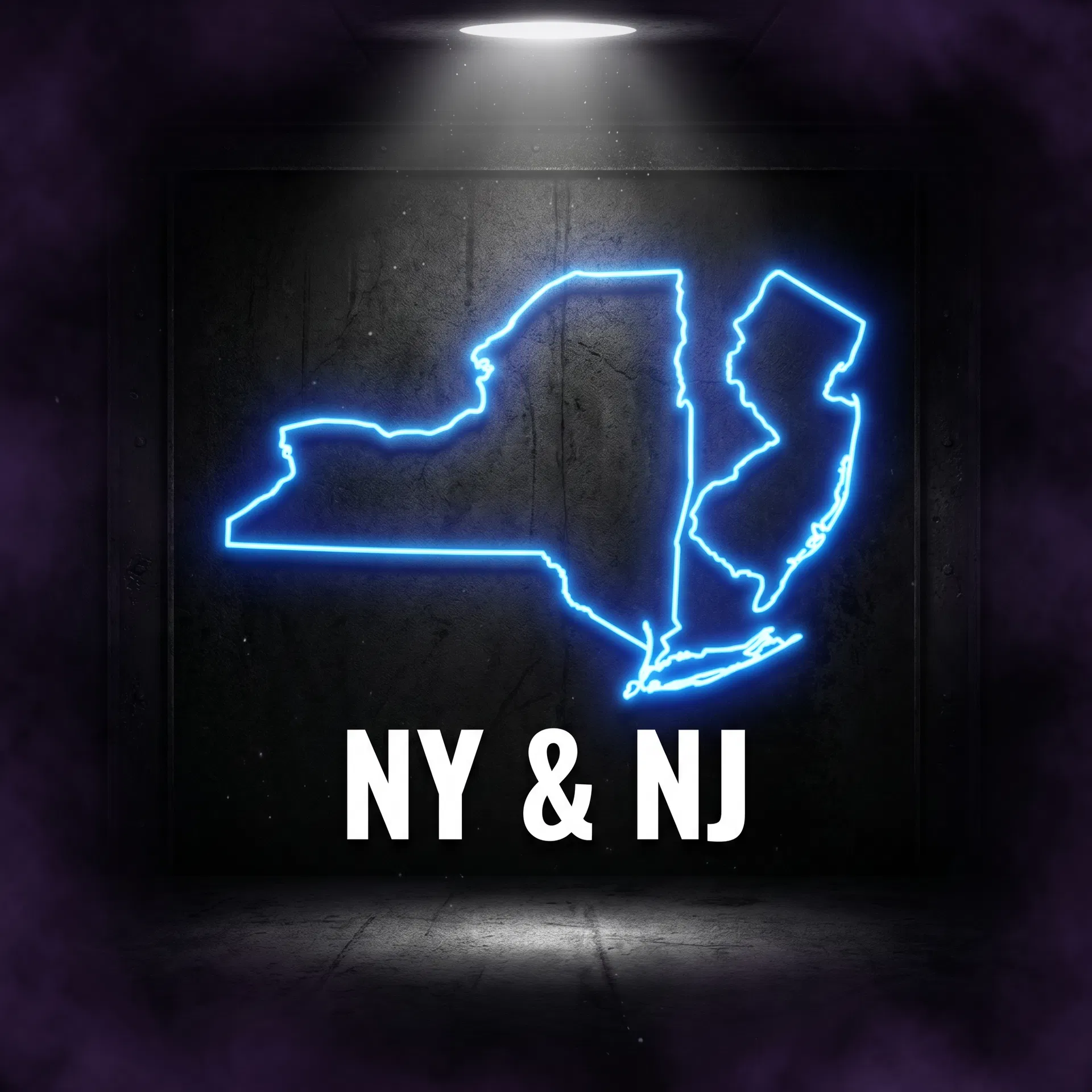 New York and New Jersey state outlines in neon blue — Bailey Bros Contracting LLC licensed general contractor serving NY and NJ