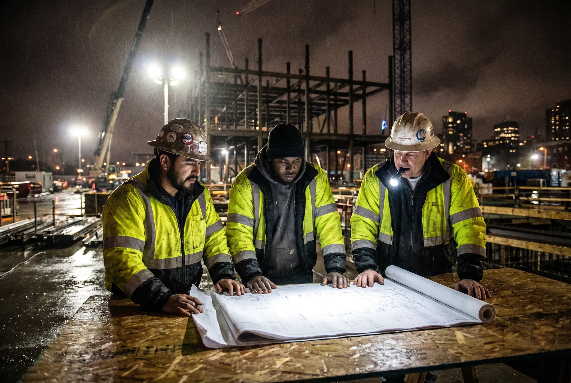 Bailey Bros Contracting general contractor studying blueprints at night construction site in New Jersey