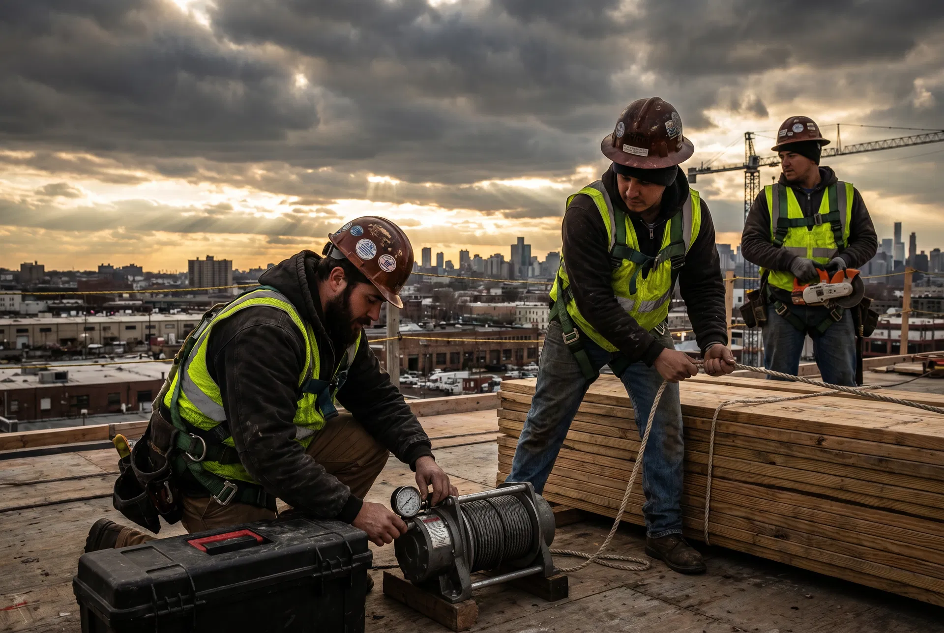 Bailey Bros Contracting crew foreman in full safety gear on rooftop in New Jersey — licensed contractor