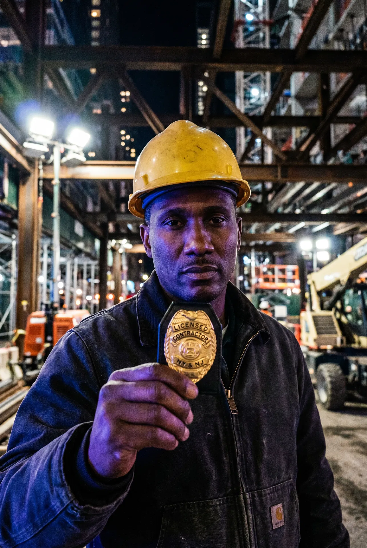 Licensed contractor in hard hat with American flag patch holding NY NJ contractor badge — Bailey Bros Contracting LLC Brooklyn