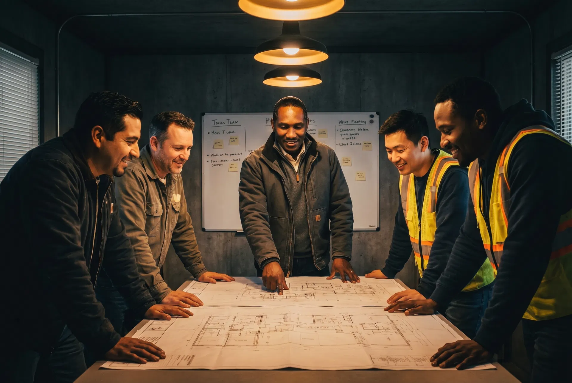 Bailey Bros Contracting crew reviewing blueprints on active construction site in New Jersey — pre-construction planning