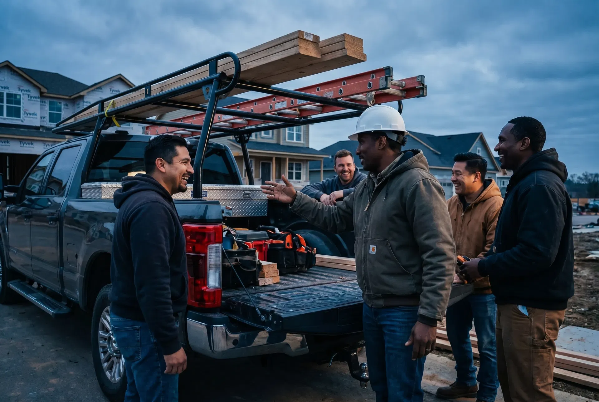 Bailey Bros Contracting crew debriefing at work truck tailgate after completing New Jersey construction job