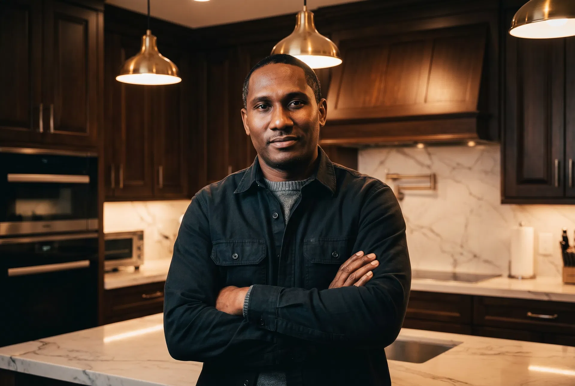 Full kitchen renovation by Bailey Bros Contracting LLC — dark cabinetry and marble countertops in New Jersey