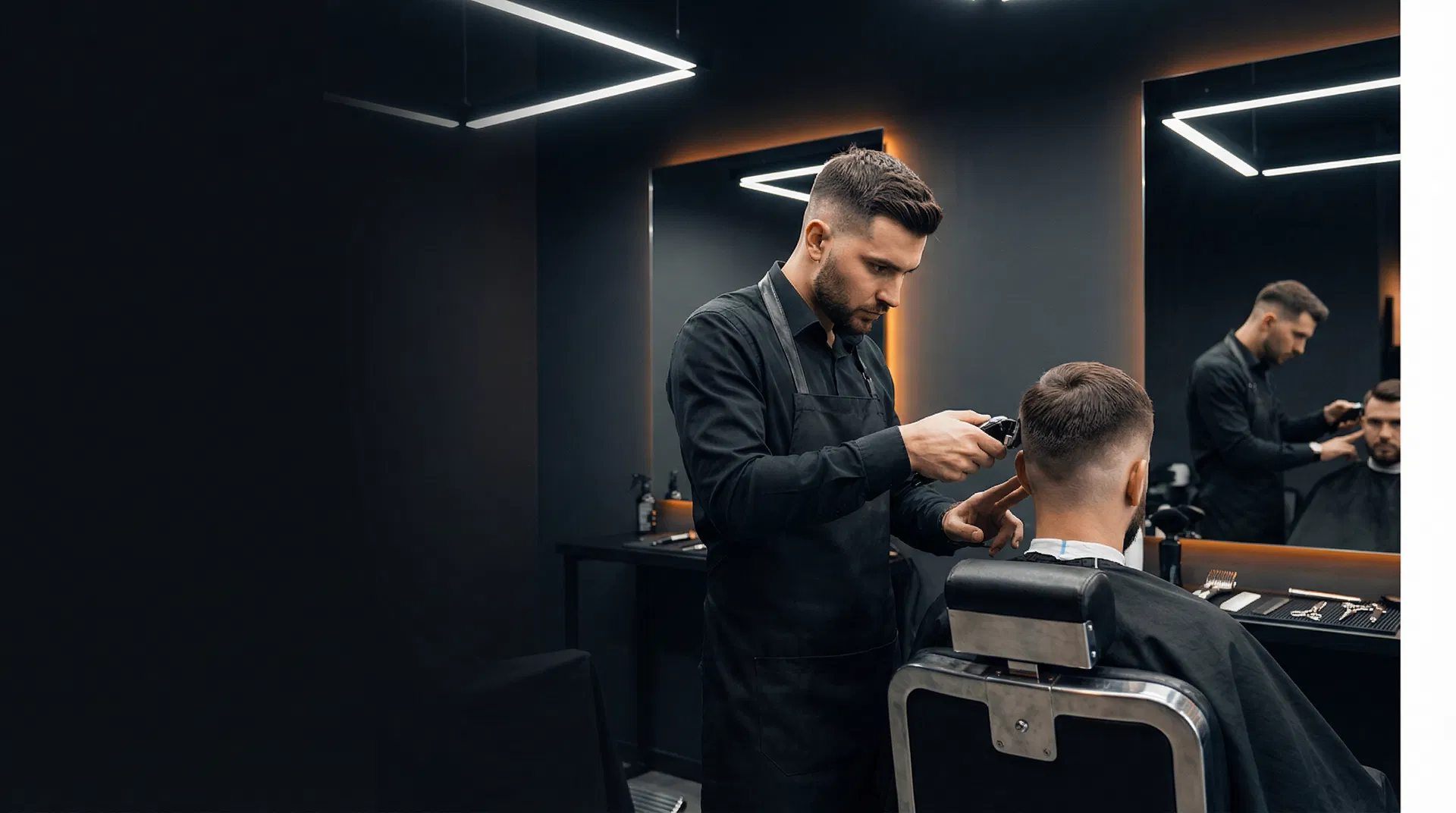 A barber finishing a precise fade in a modern barbershop