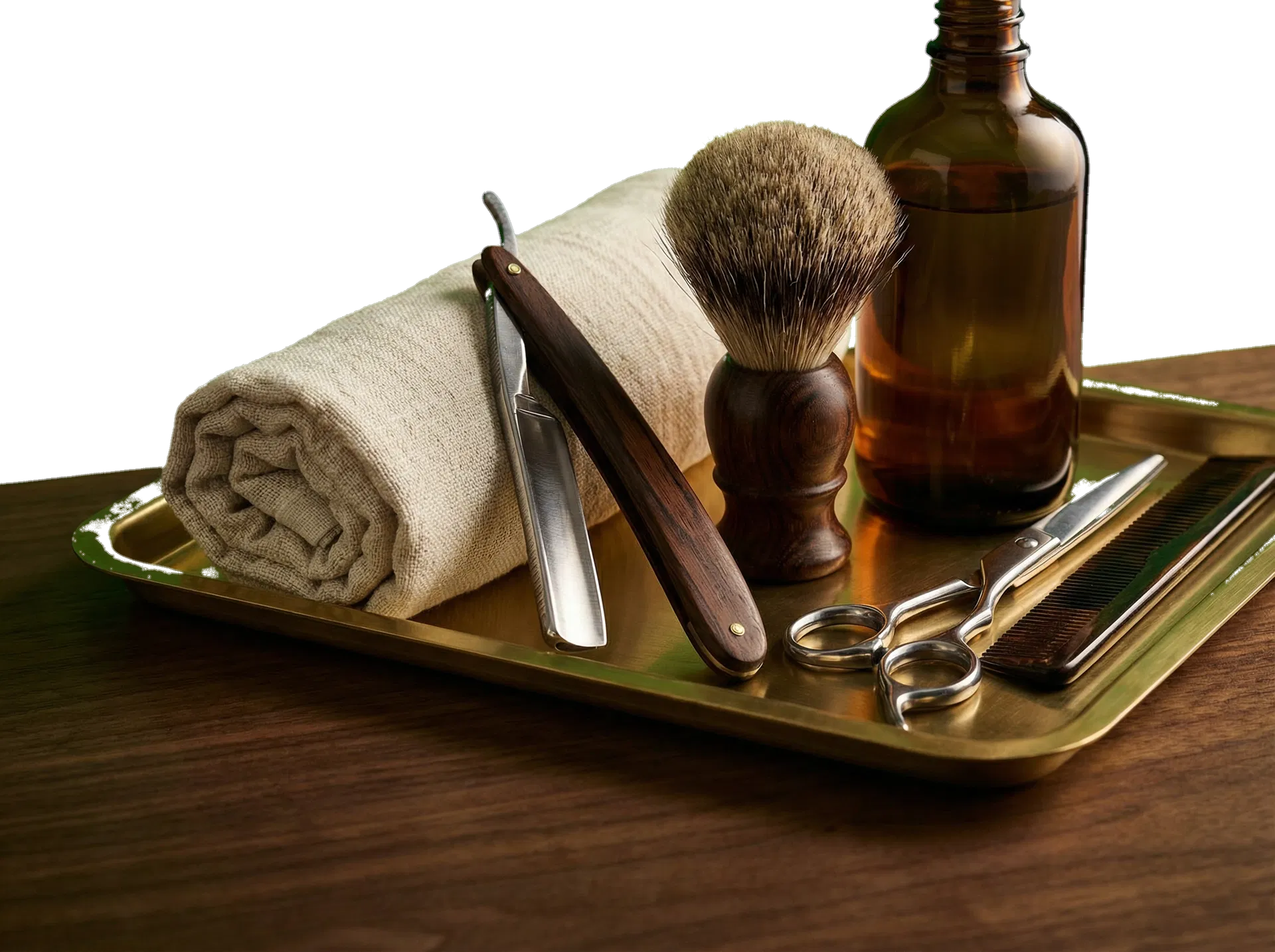 Barbering tools prepared neatly on a brass tray