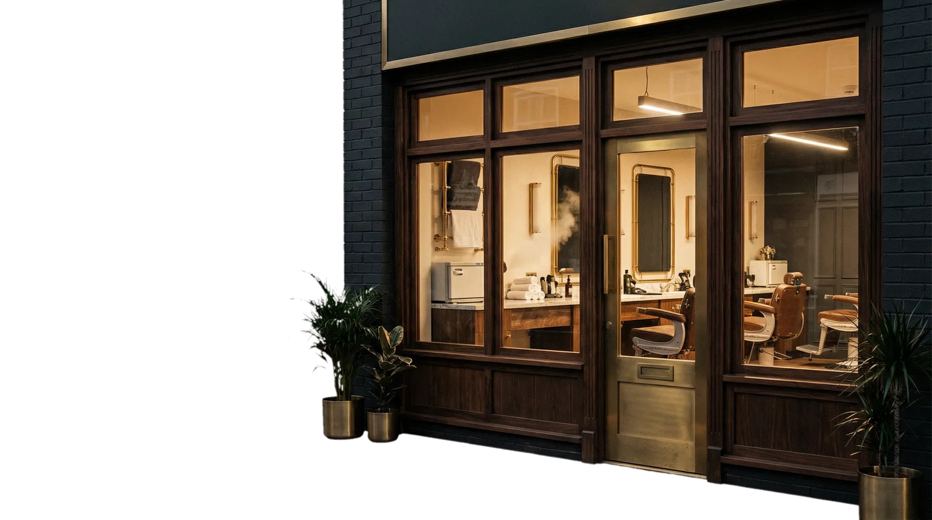 Refined barbershop storefront with warm interior lighting