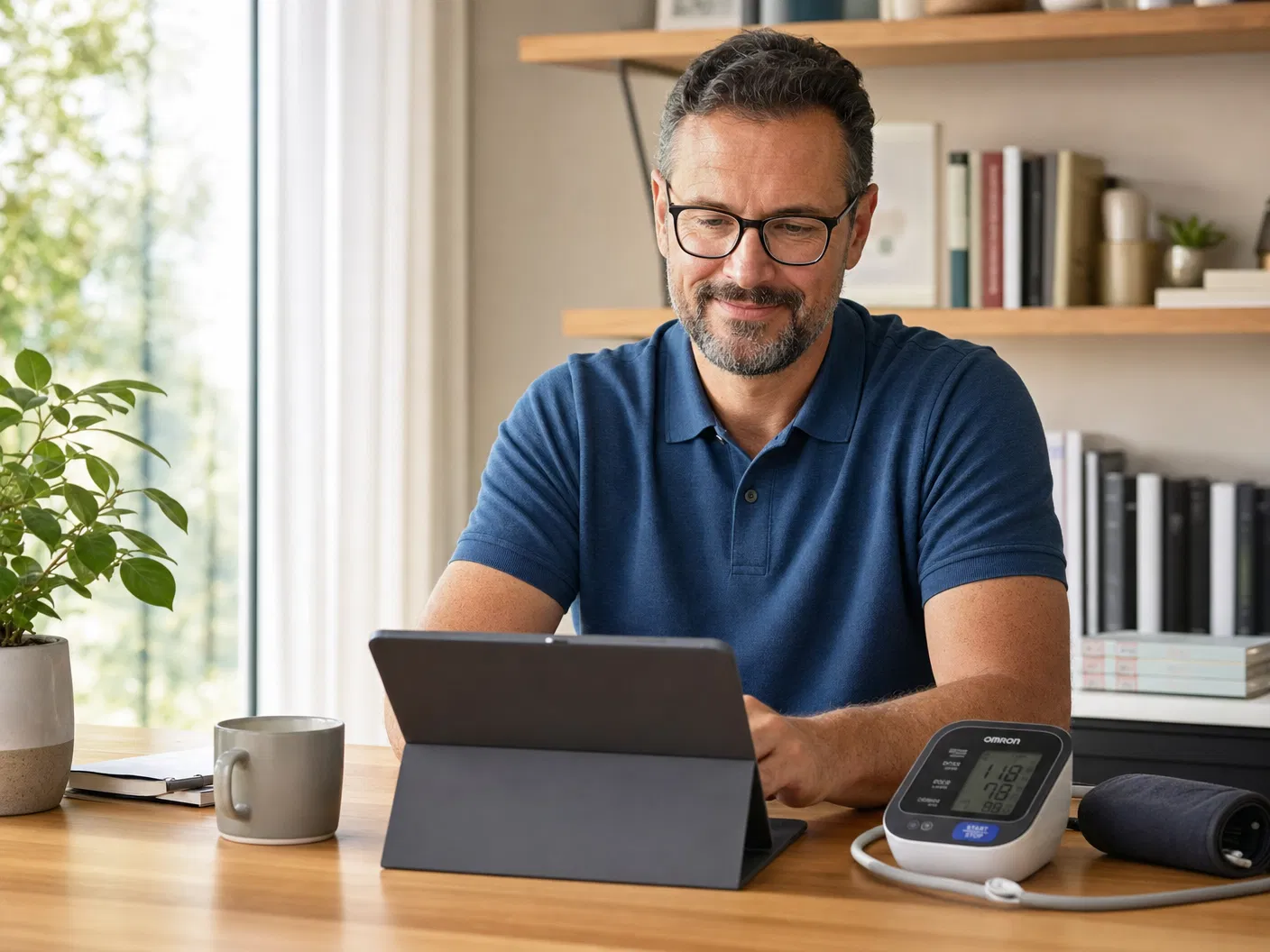 Person completing health questionnaire at home with blood pressure monitor