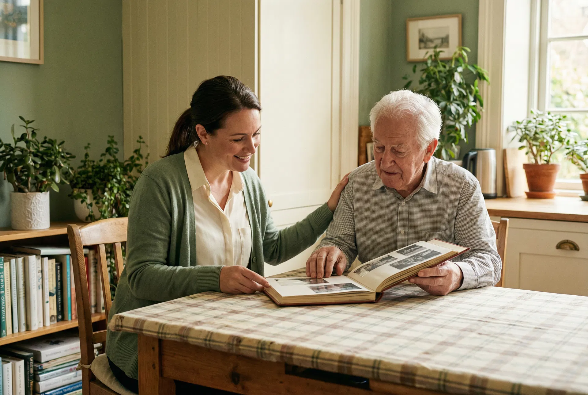Caregiver and senior reviewing a photo album together at home