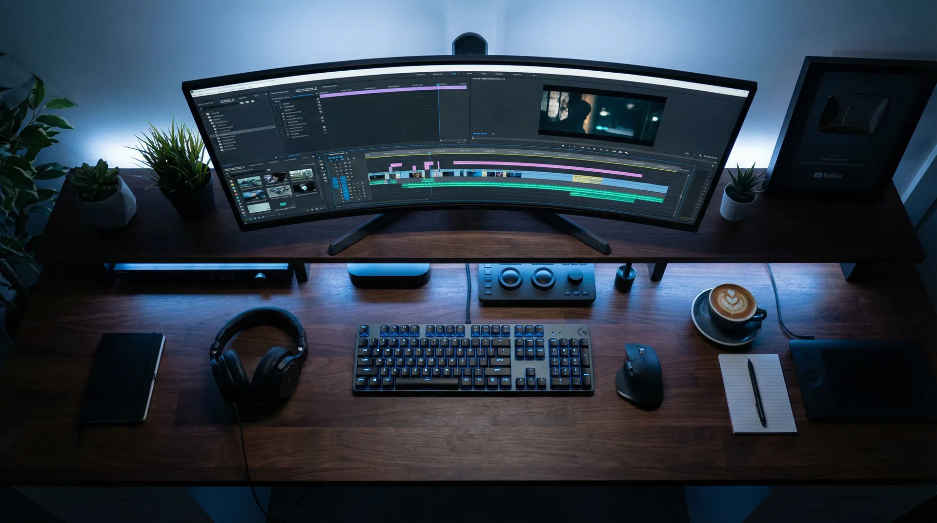 Professional video editing workspace