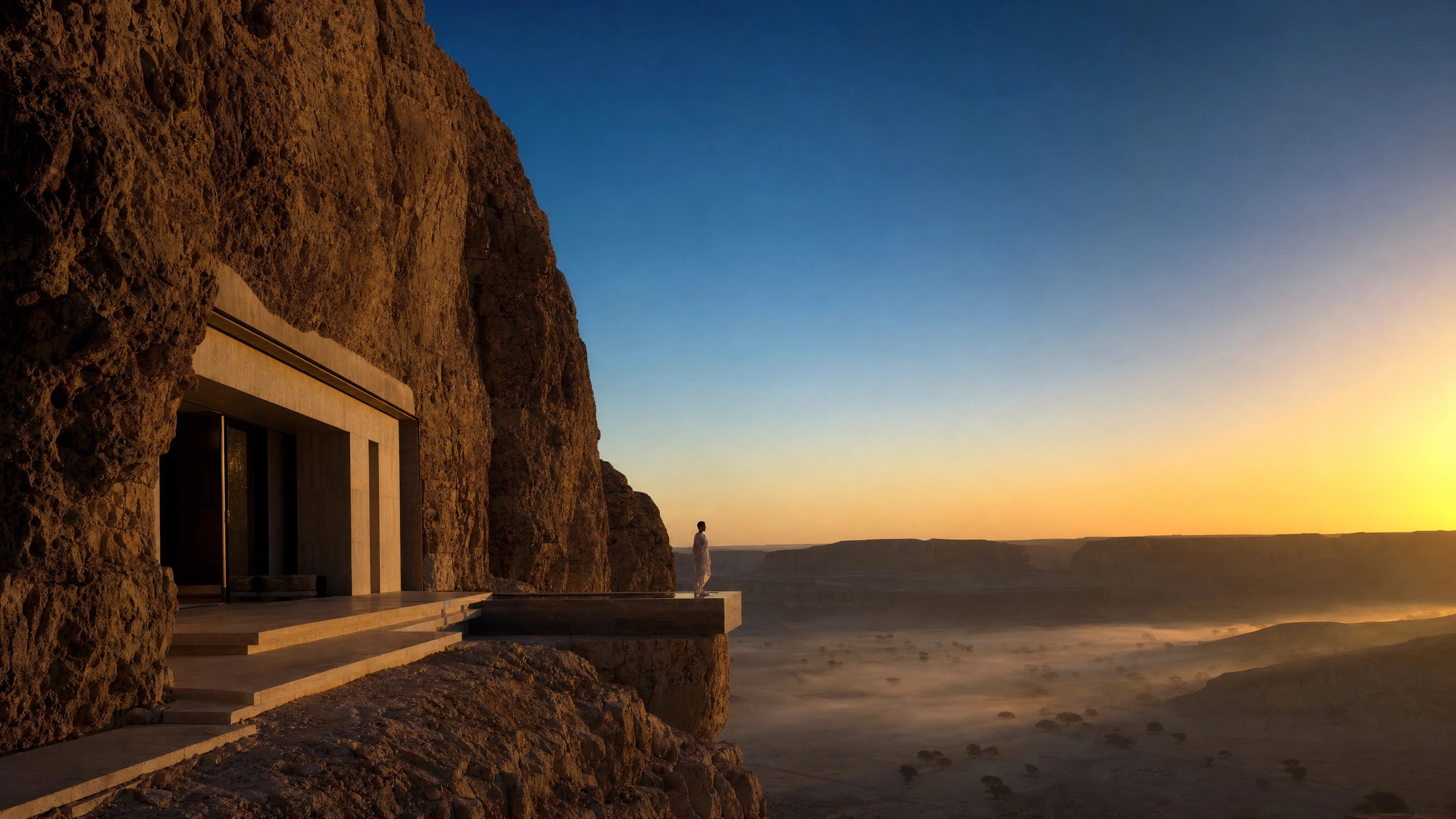 The Great Reset — cliffside villa at dawn over the Najd escarpment