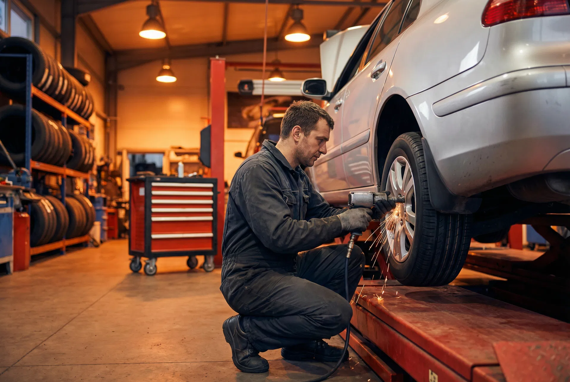 Mechanic installing new tires on sedan