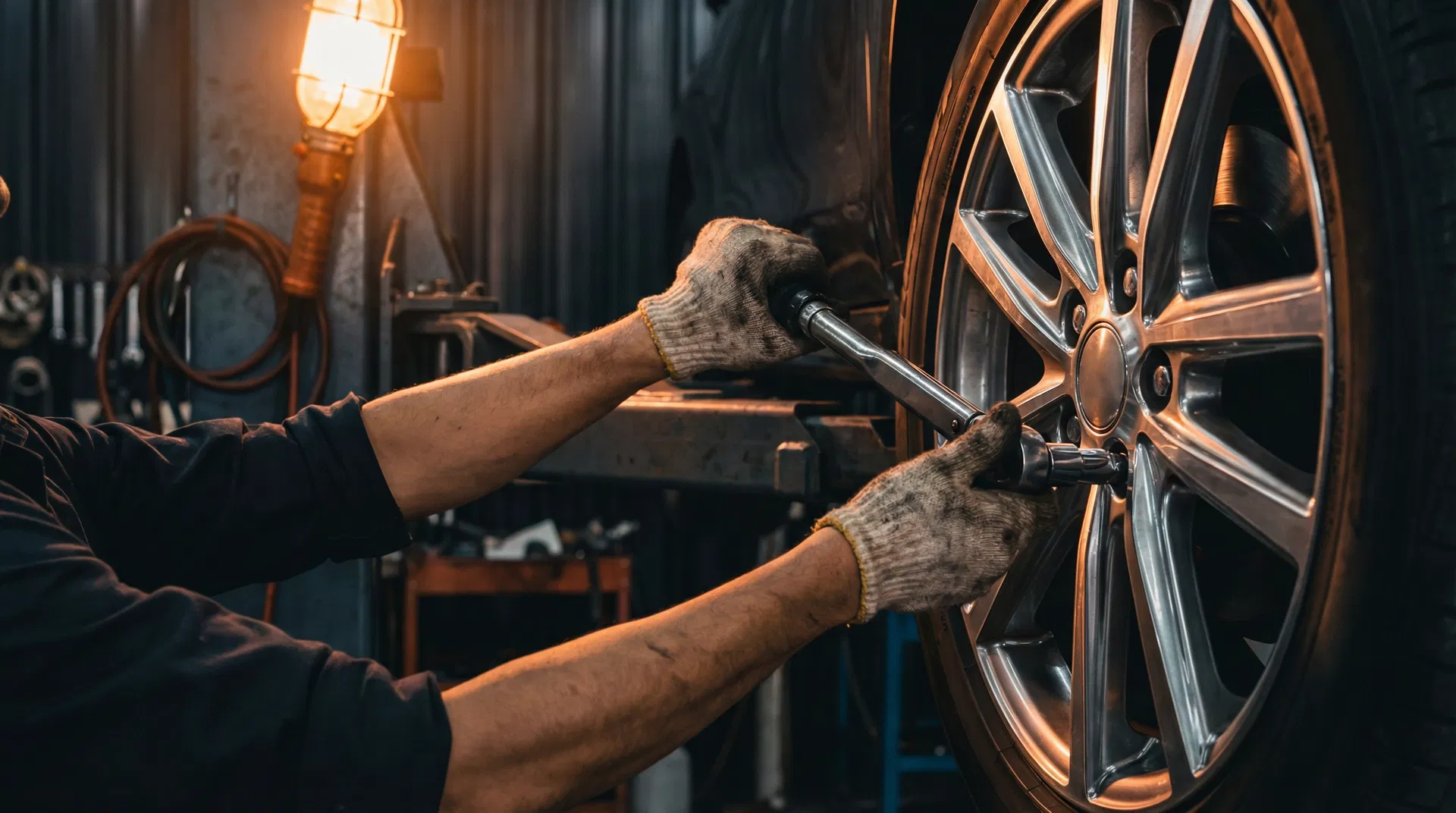 Mechanic working on wheel