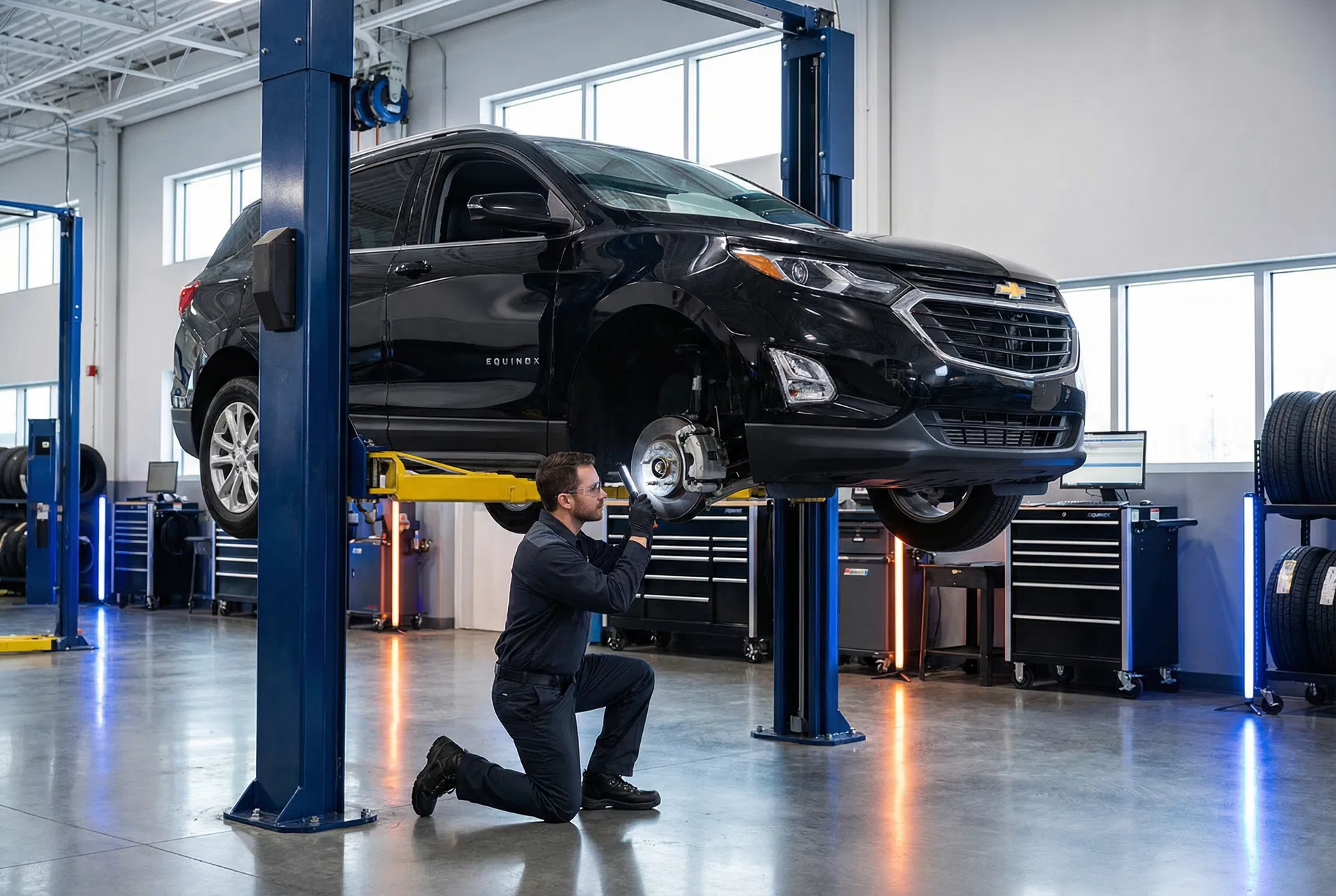 SUV on lift getting tire service