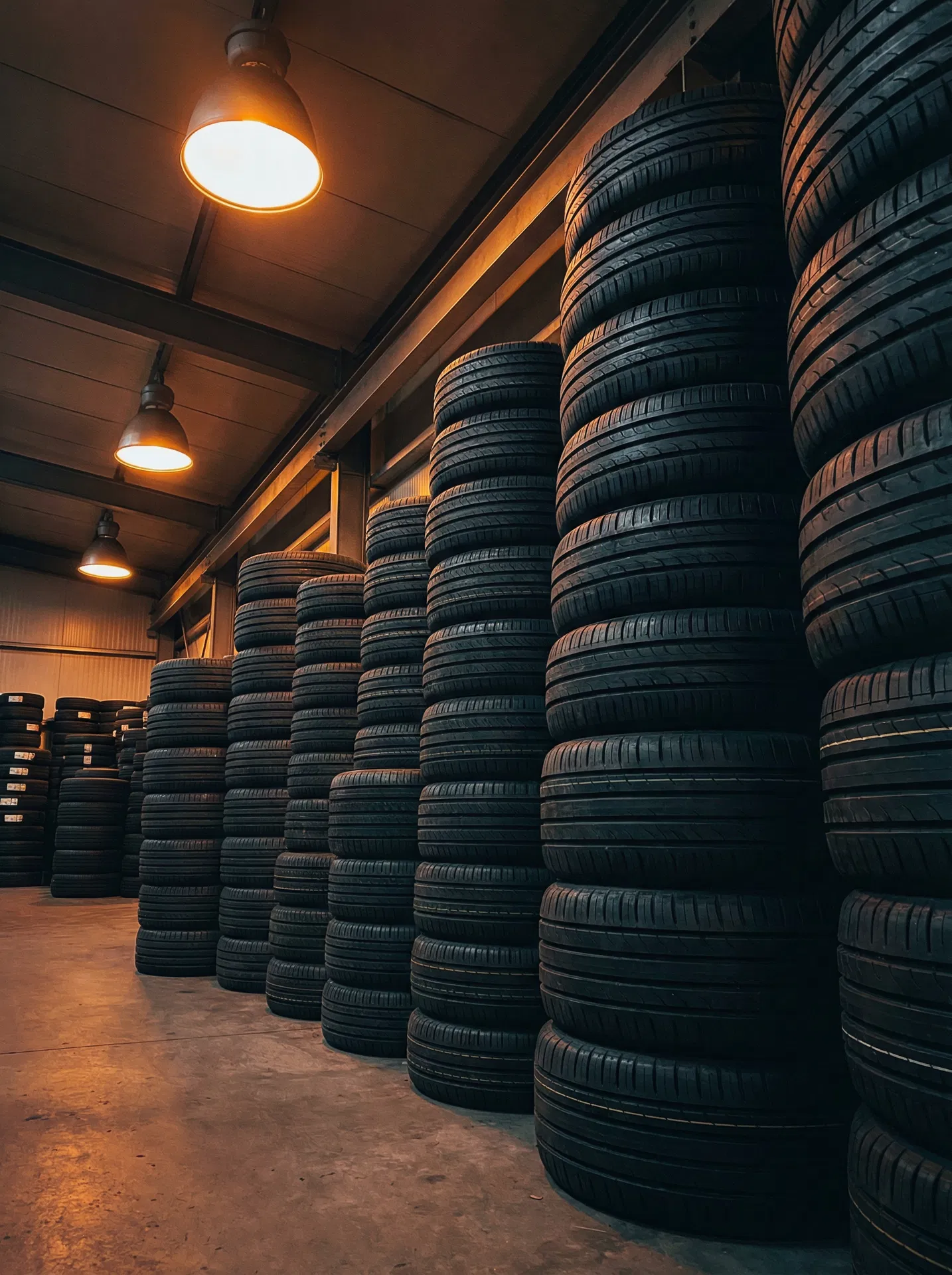 Stacked tires in warehouse