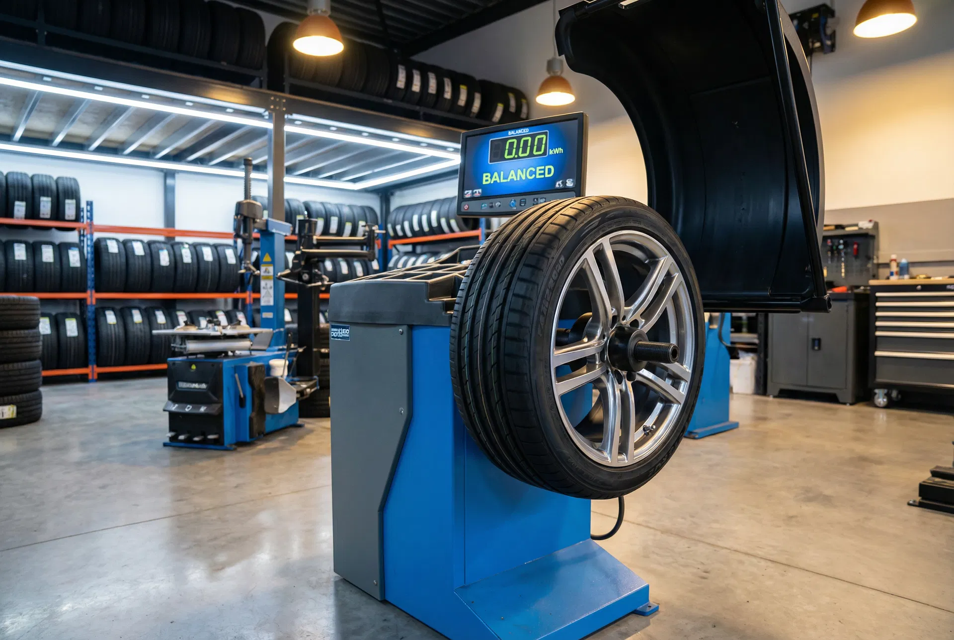 Wheel balancing machine in action