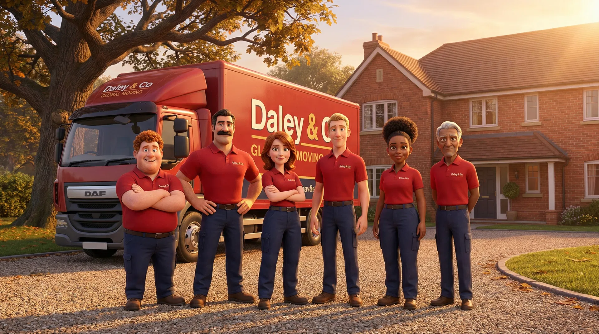 The Daley & Co team with their red removal lorry outside a British home
