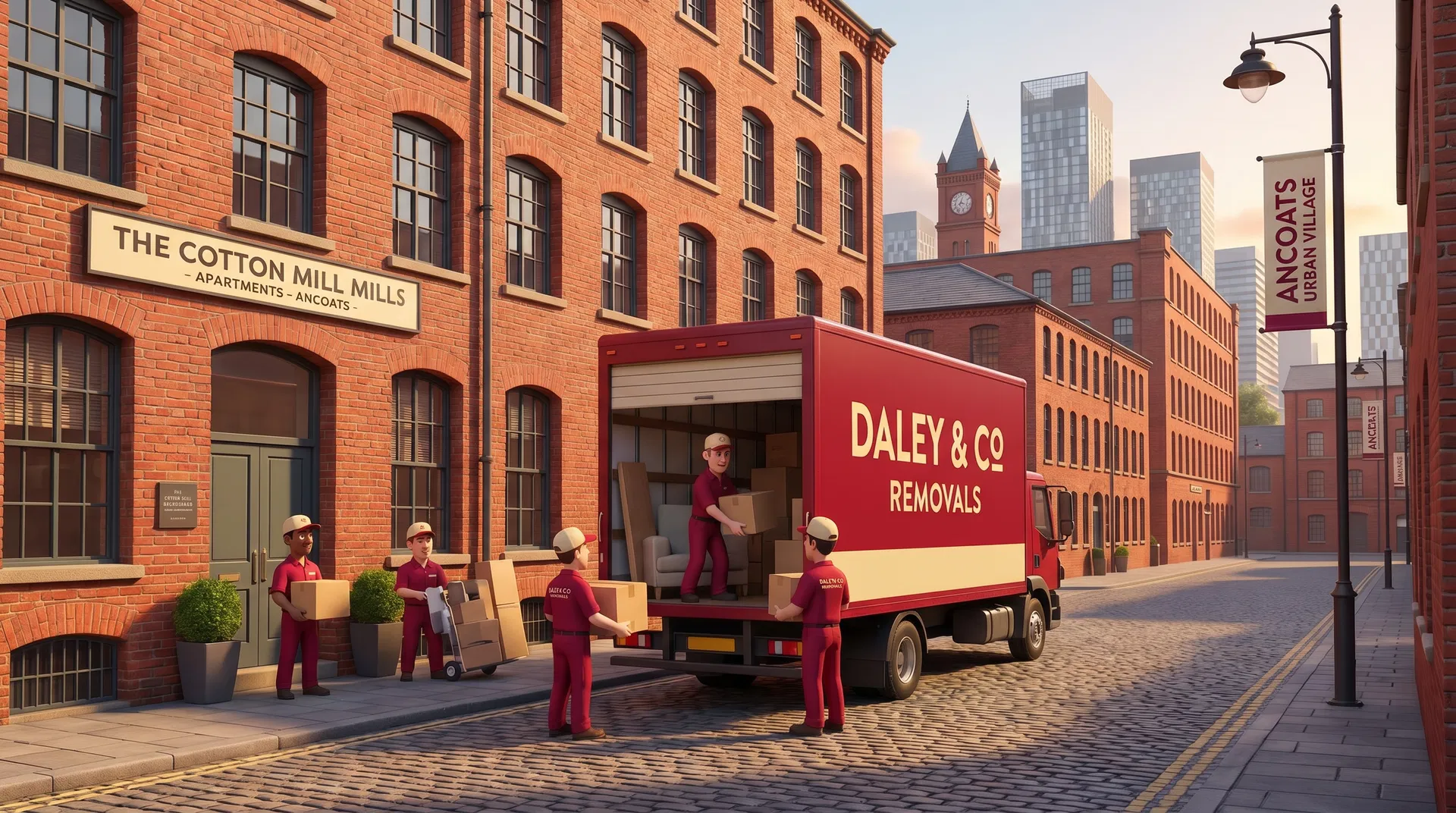 Daley & Co removal team in Ancoats with the Ancoats Urban Village in the background