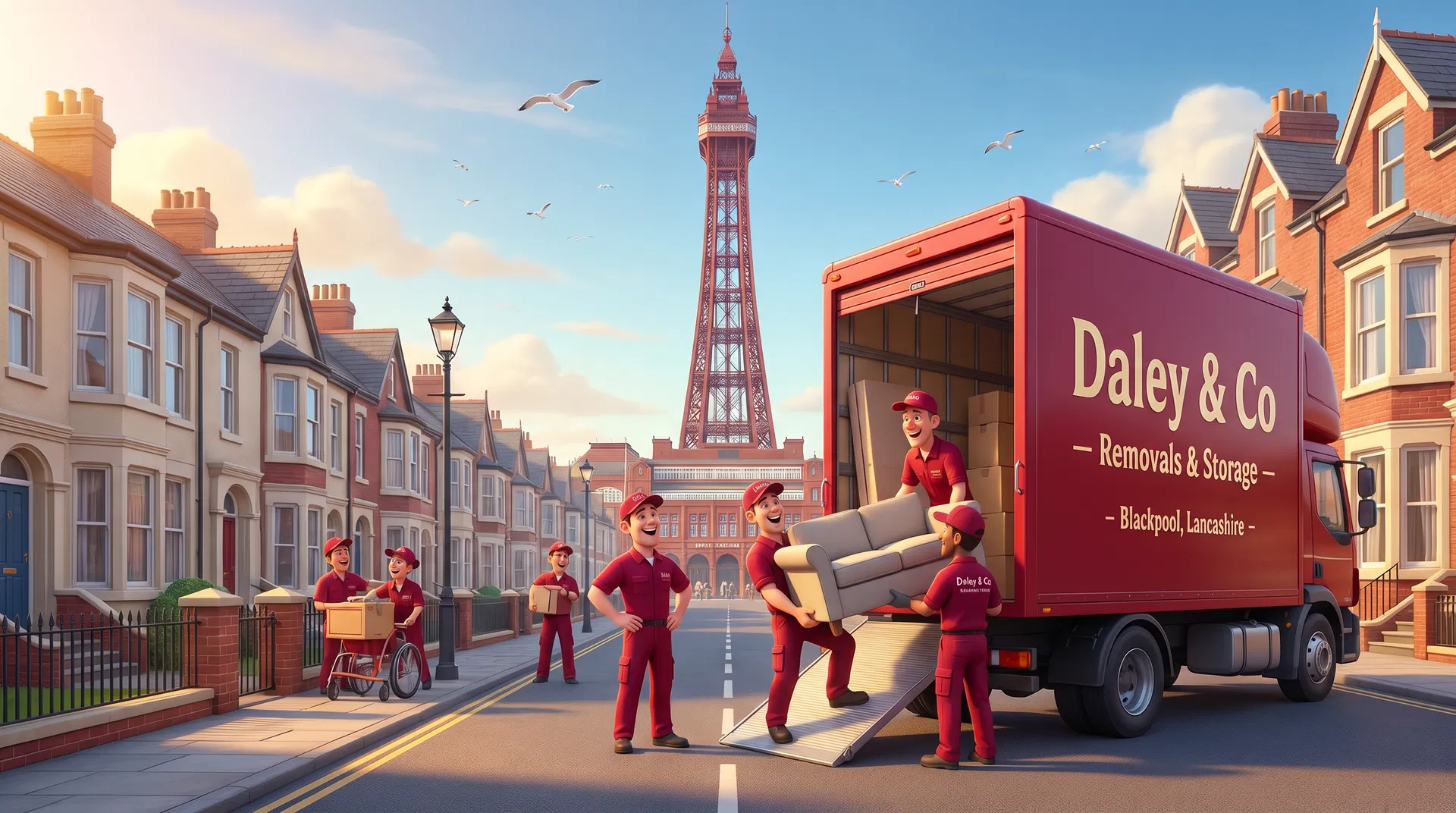 Daley & Co removal team in Blackpool with the Blackpool Tower in the background