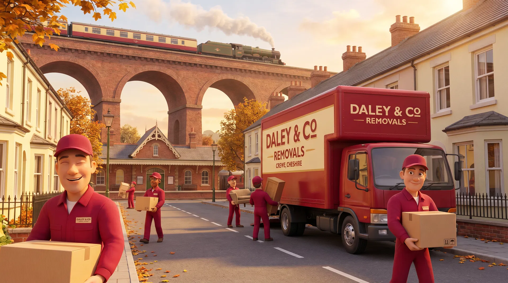 Daley & Co removal team in Crewe with the Crewe Railway Heritage in the background