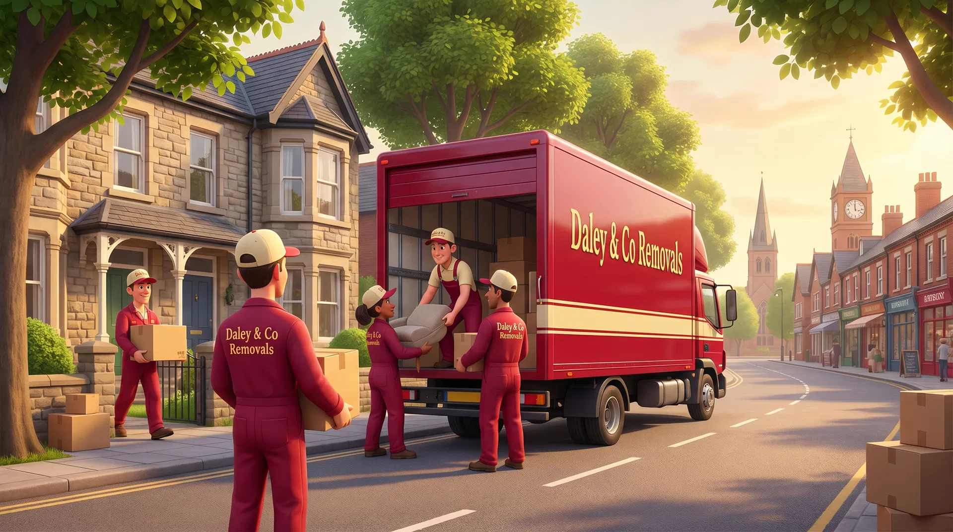 Daley & Co removal team in Didsbury with the Didsbury Village in the background