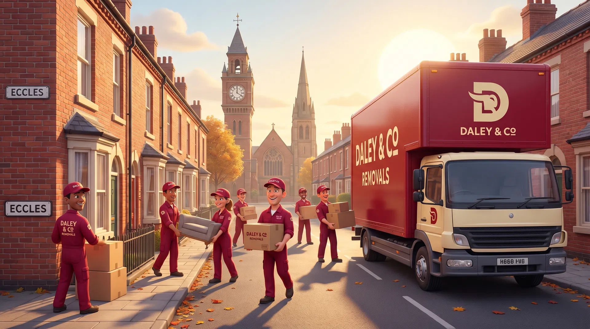 Daley & Co removal team in Eccles with the Eccles Town Centre in the background