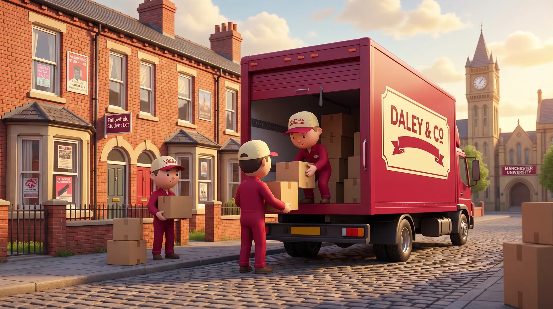 Daley & Co removal team in Fallowfield with the Fallowfield Campus in the background