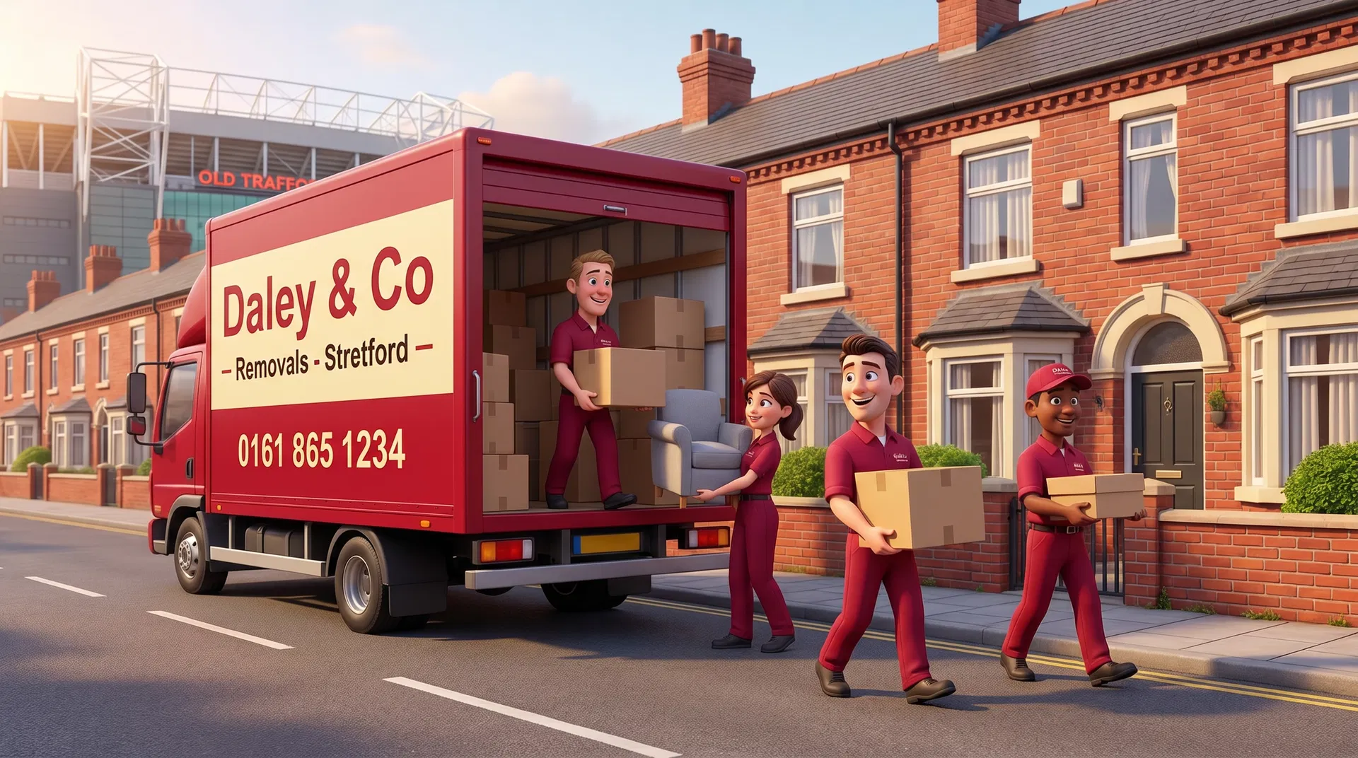 Daley & Co removal team in Stretford with the Old Trafford in the background