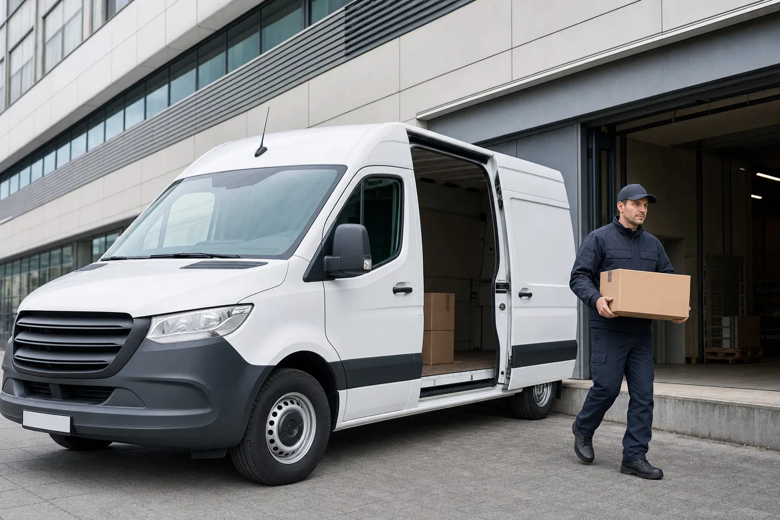 Professional courier van making delivery at commercial building loading dock