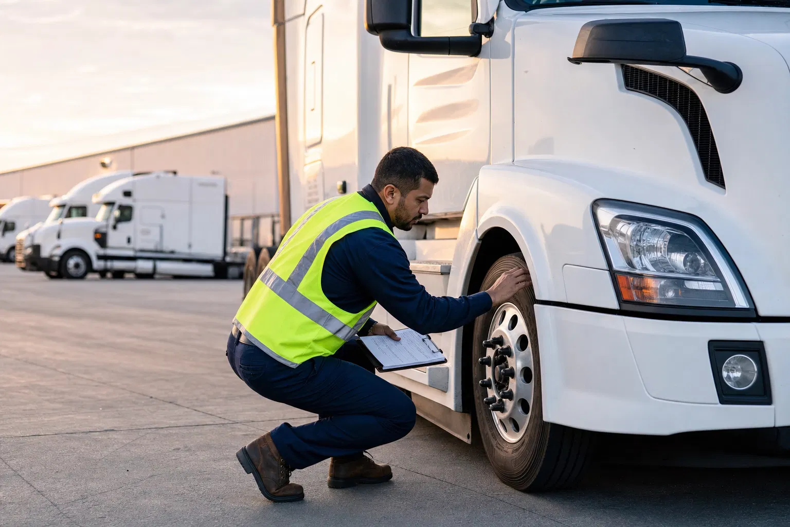 Driver performing pre-trip inspection on fleet truck in yard
