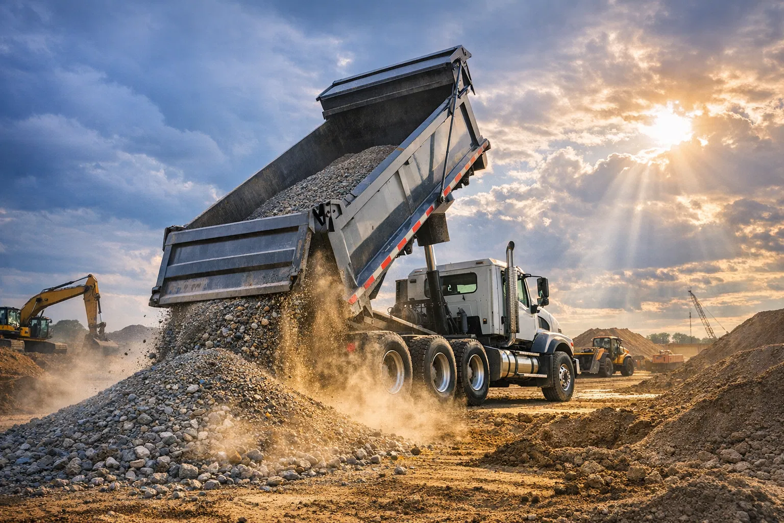Dump truck unloading aggregate material at construction site