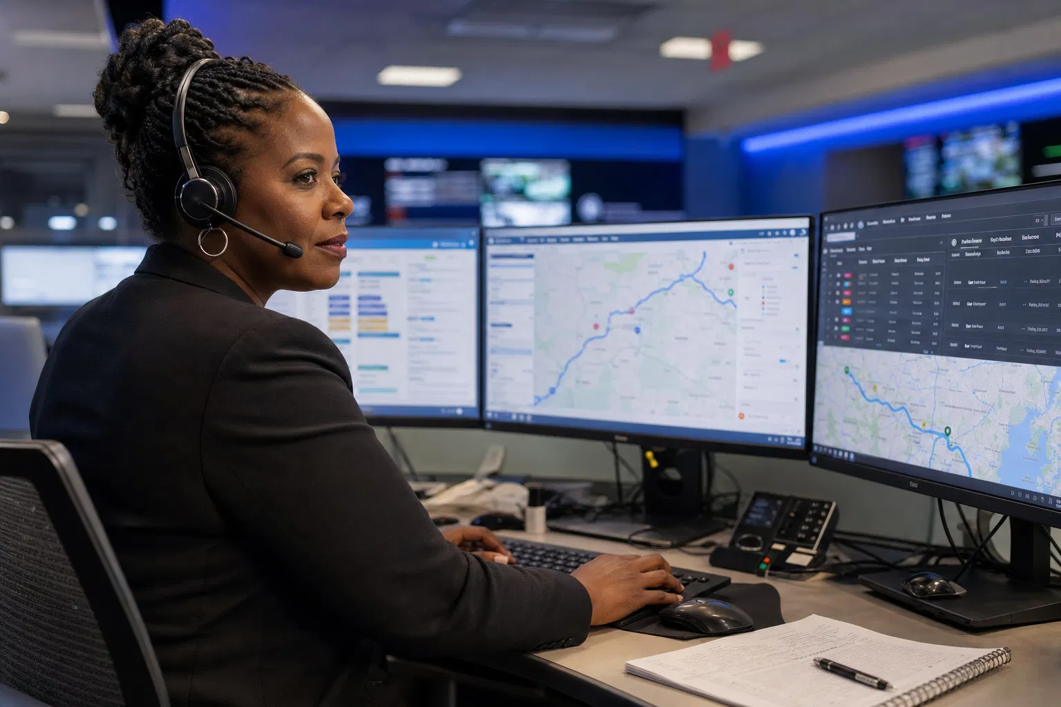 Professional logistics dispatcher coordinating transportation at multi-monitor workstation
