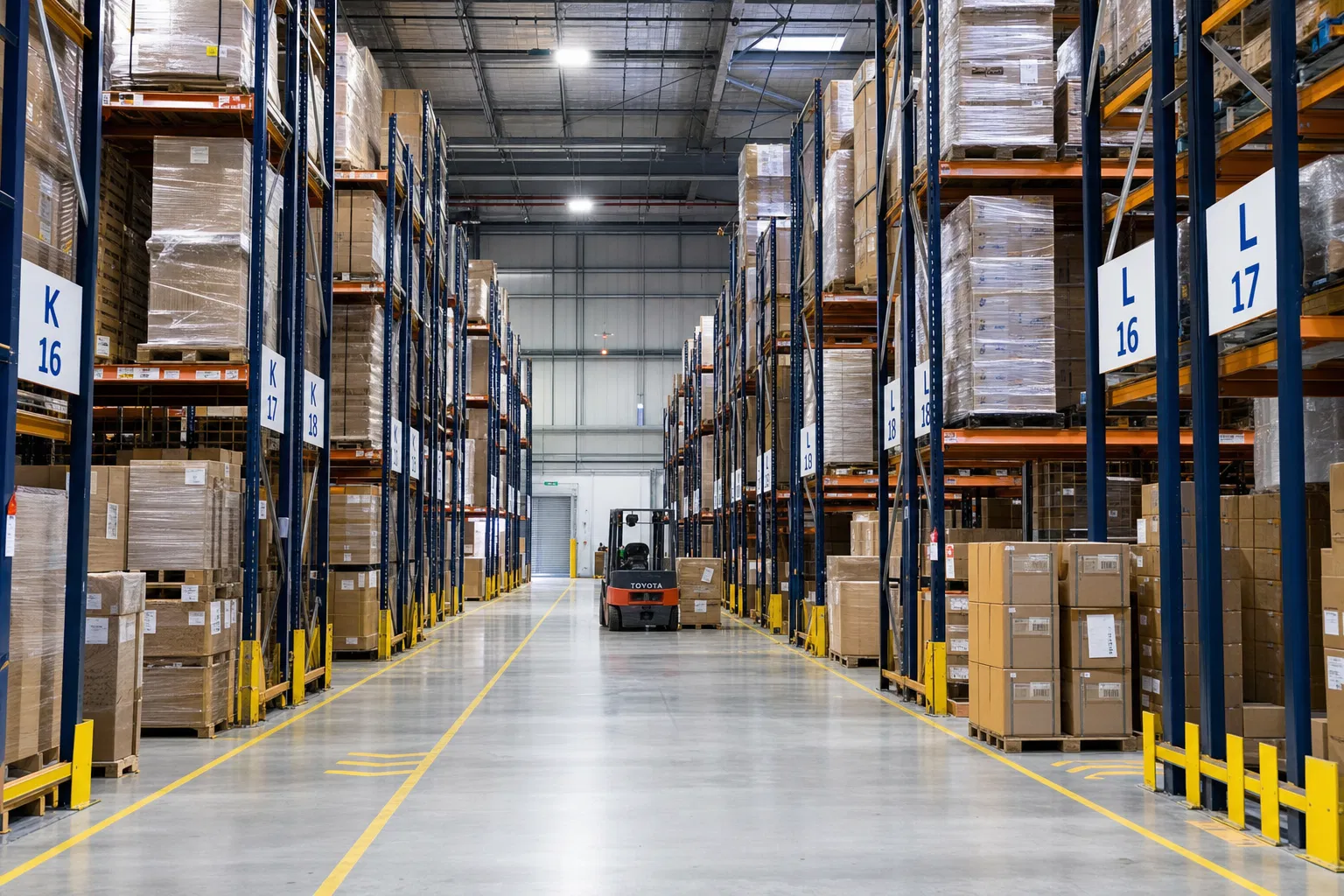 Clean modern warehouse interior with organized pallets and forklift